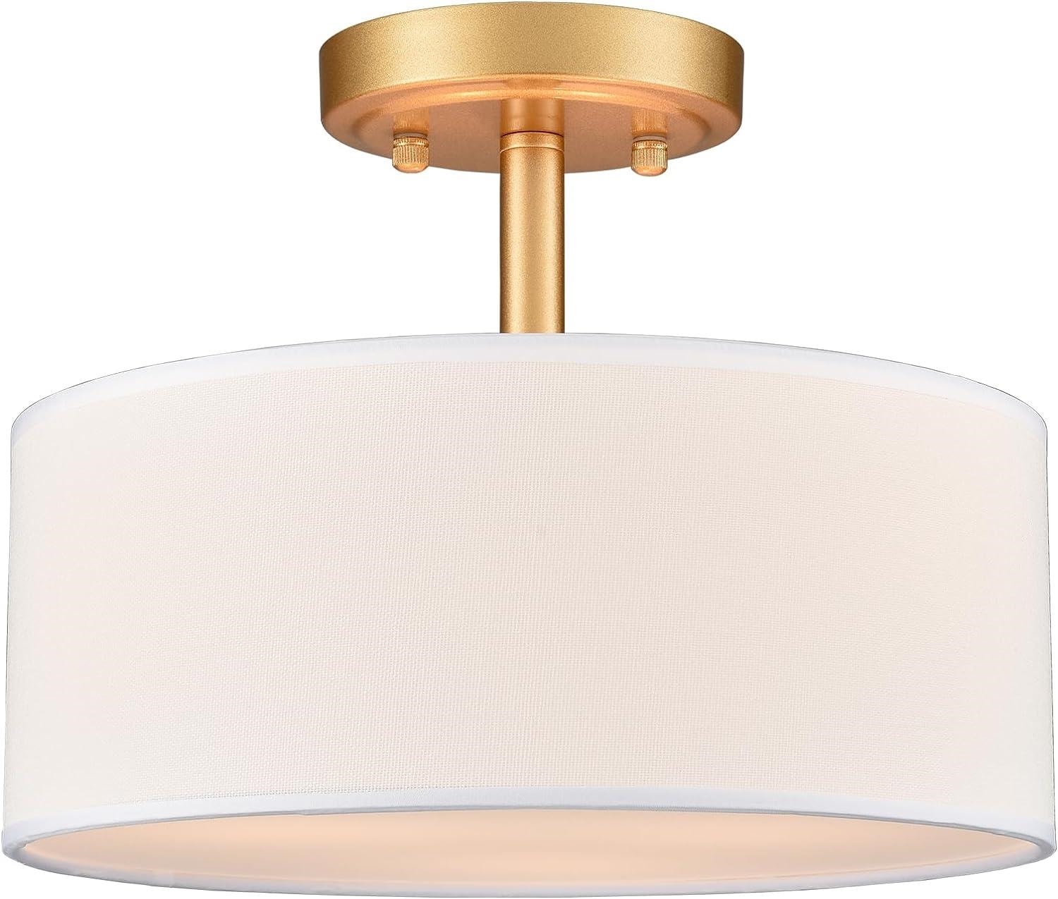 Brushed Brass and White Fabric Drum LED Ceiling Light