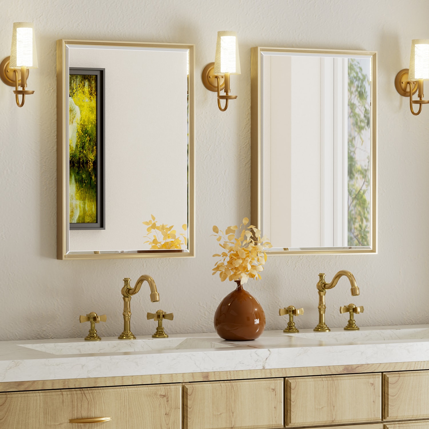 QueenFun Mirror 16-in x 24-in Beveled Rectangle Bathroom Vanity Mirror ( Gold )