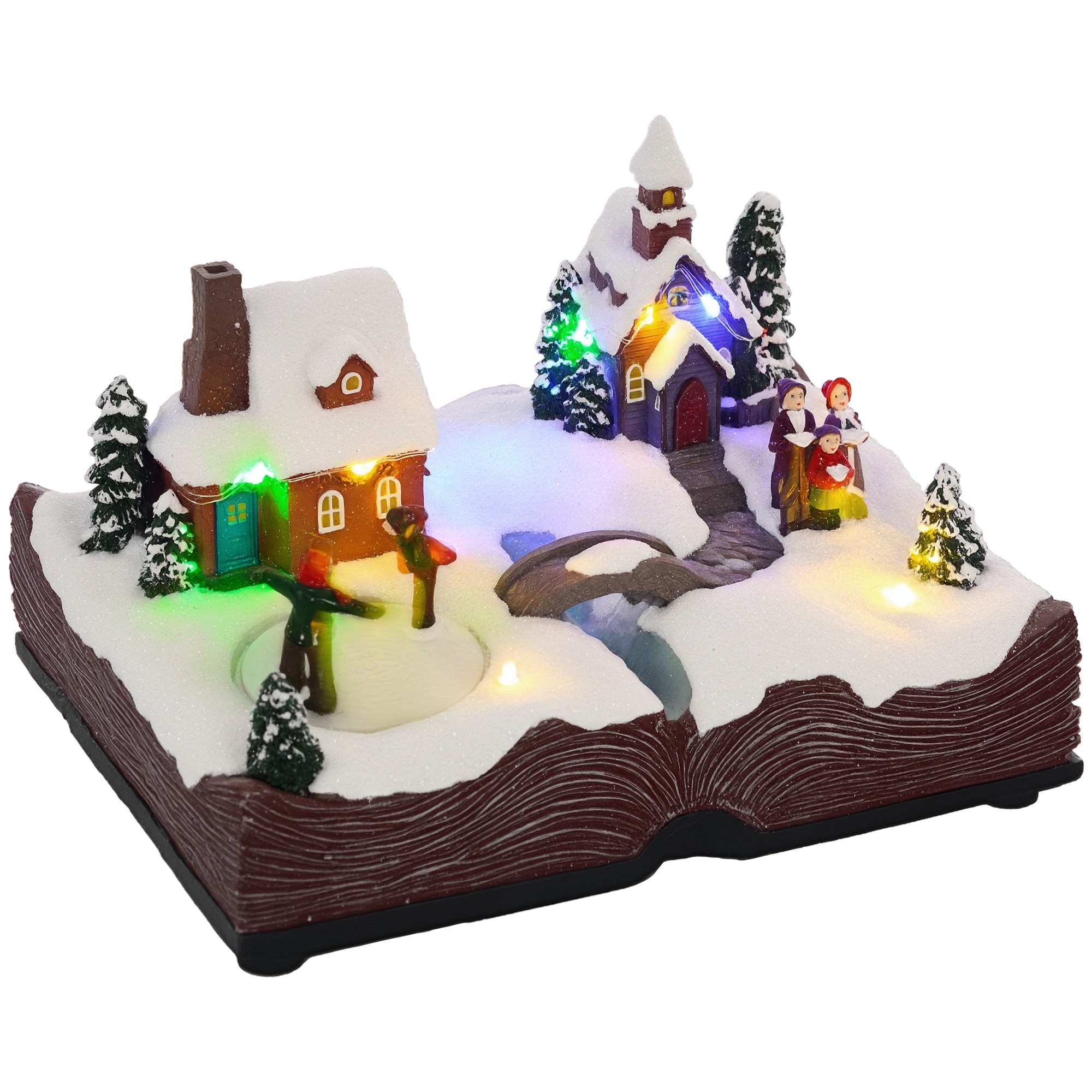 HomCom  Christmas Village on an Open Bible with LED Lights and Music Lighted Musical Christmas Village Houses with Rotating Ice Skaters Battery Operated