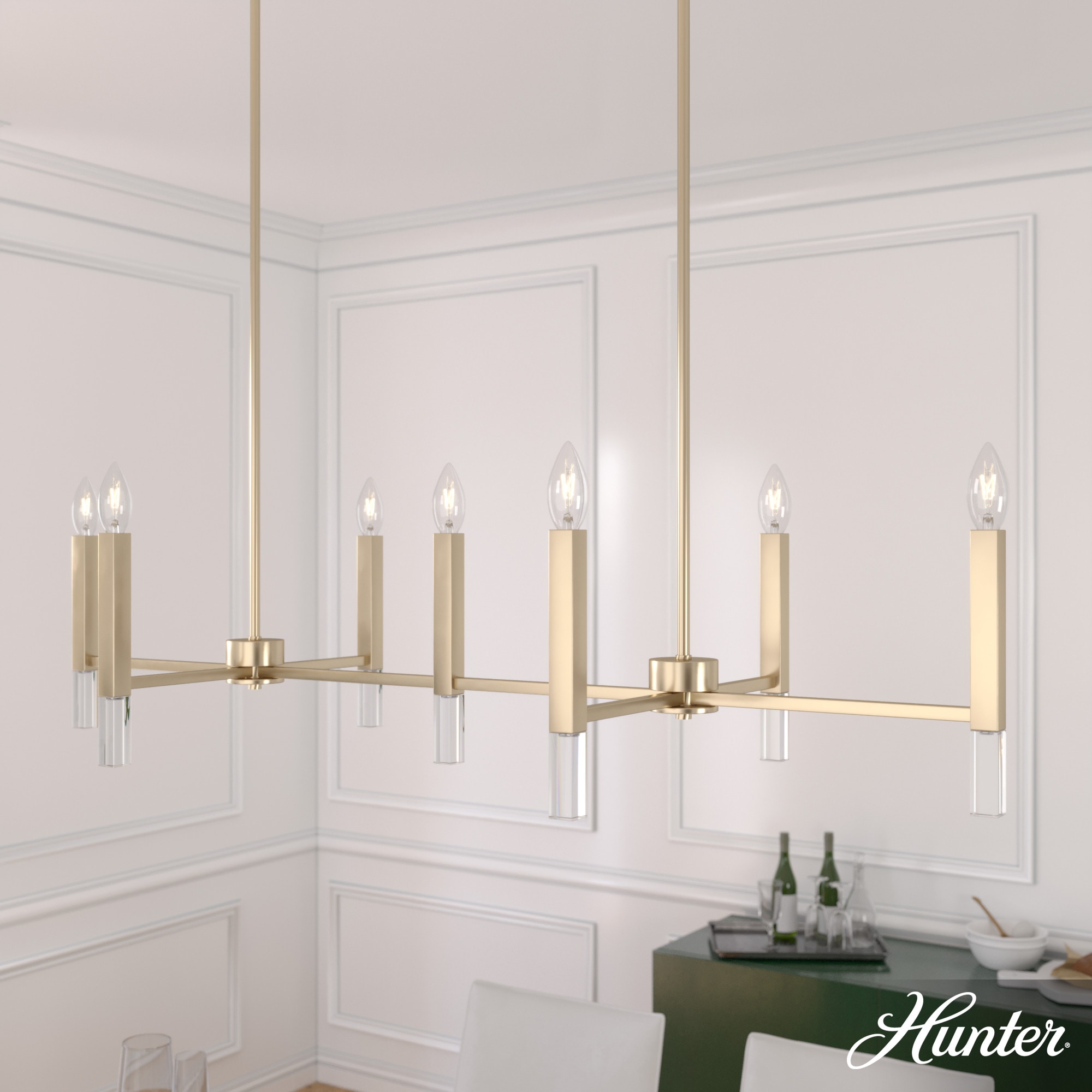 Hunter 19986 Sunjai 7 -Light Satin Gold Traditional For Use in Bedrooms, Dining Rooms, Foyers, Kitchens, Living Rooms Chandelier