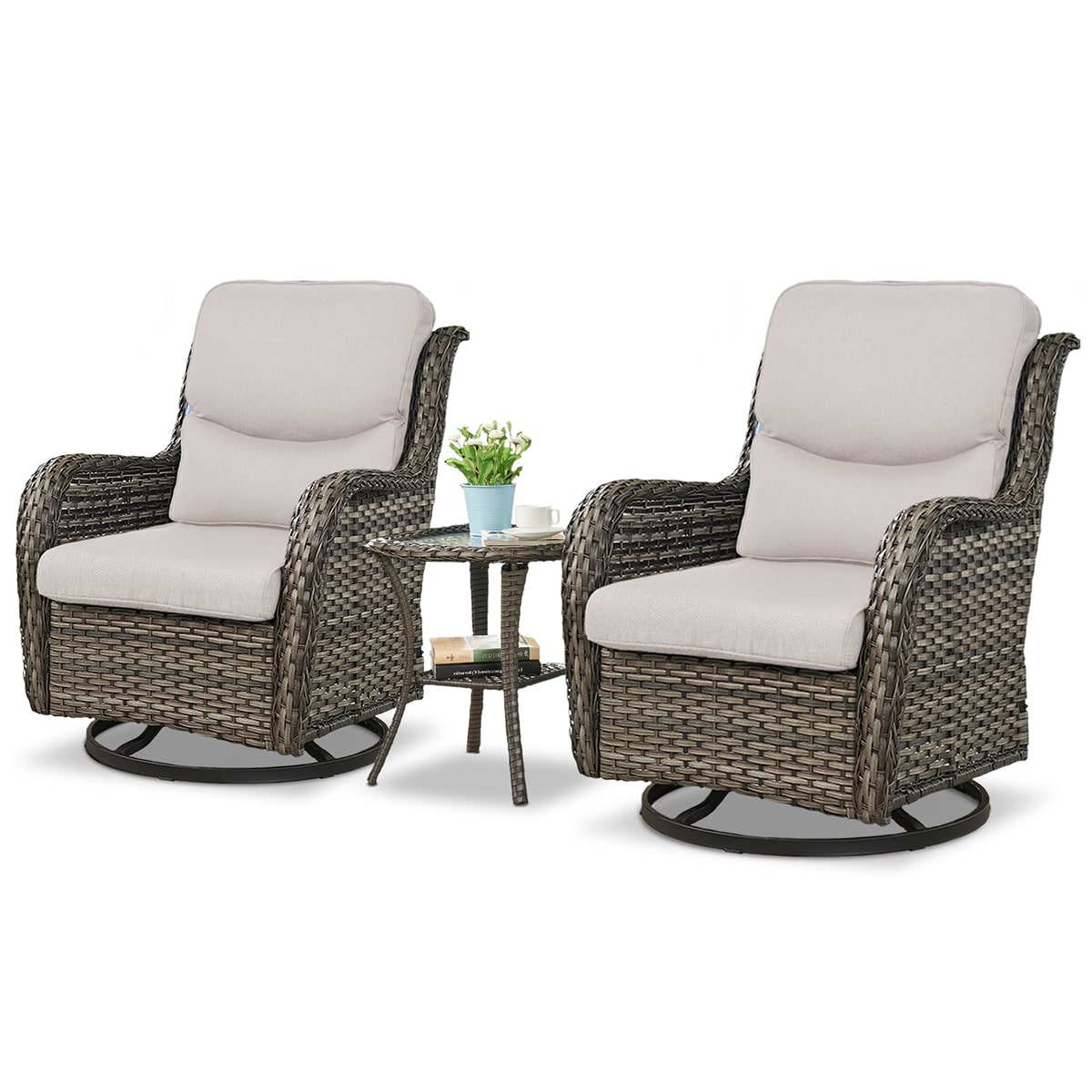 Rilyson FSXL036-2 Smiley Set of 2 Wicker Gray Wicker Frame Swivel glider Conversation Chair with Gray Gray Cushioned Seat