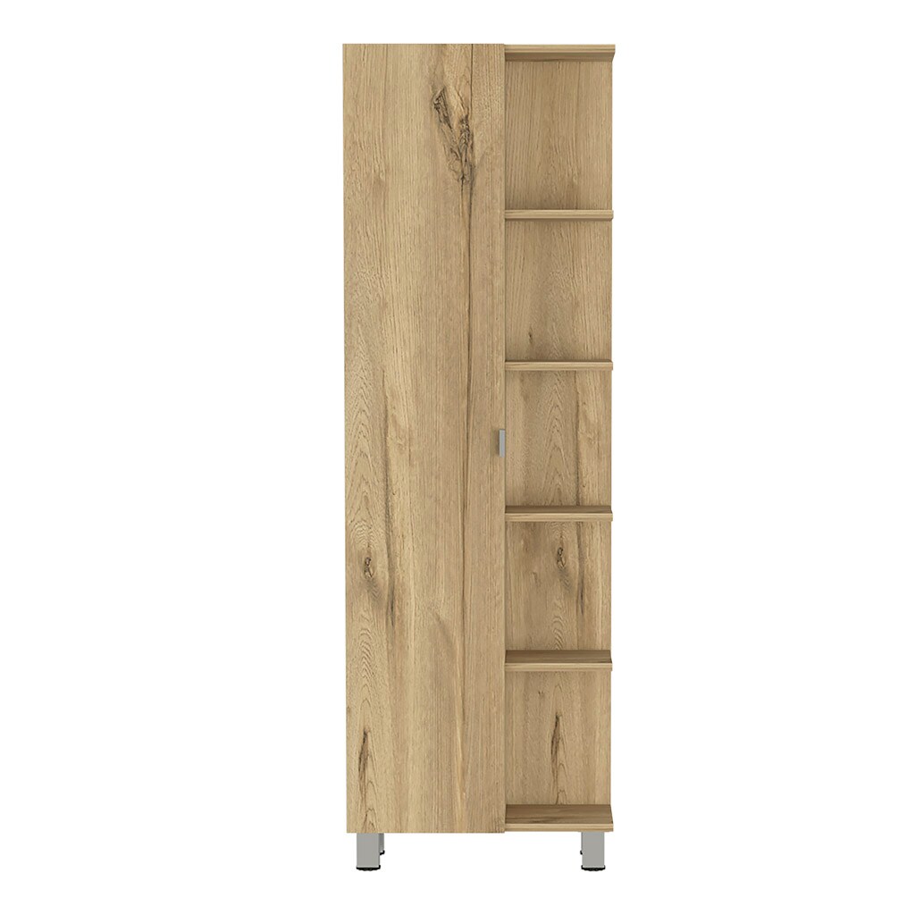 Vanityfus Linen Cabinet Five Open Shelves Bathroom Cabinet Single Door-Light Oak