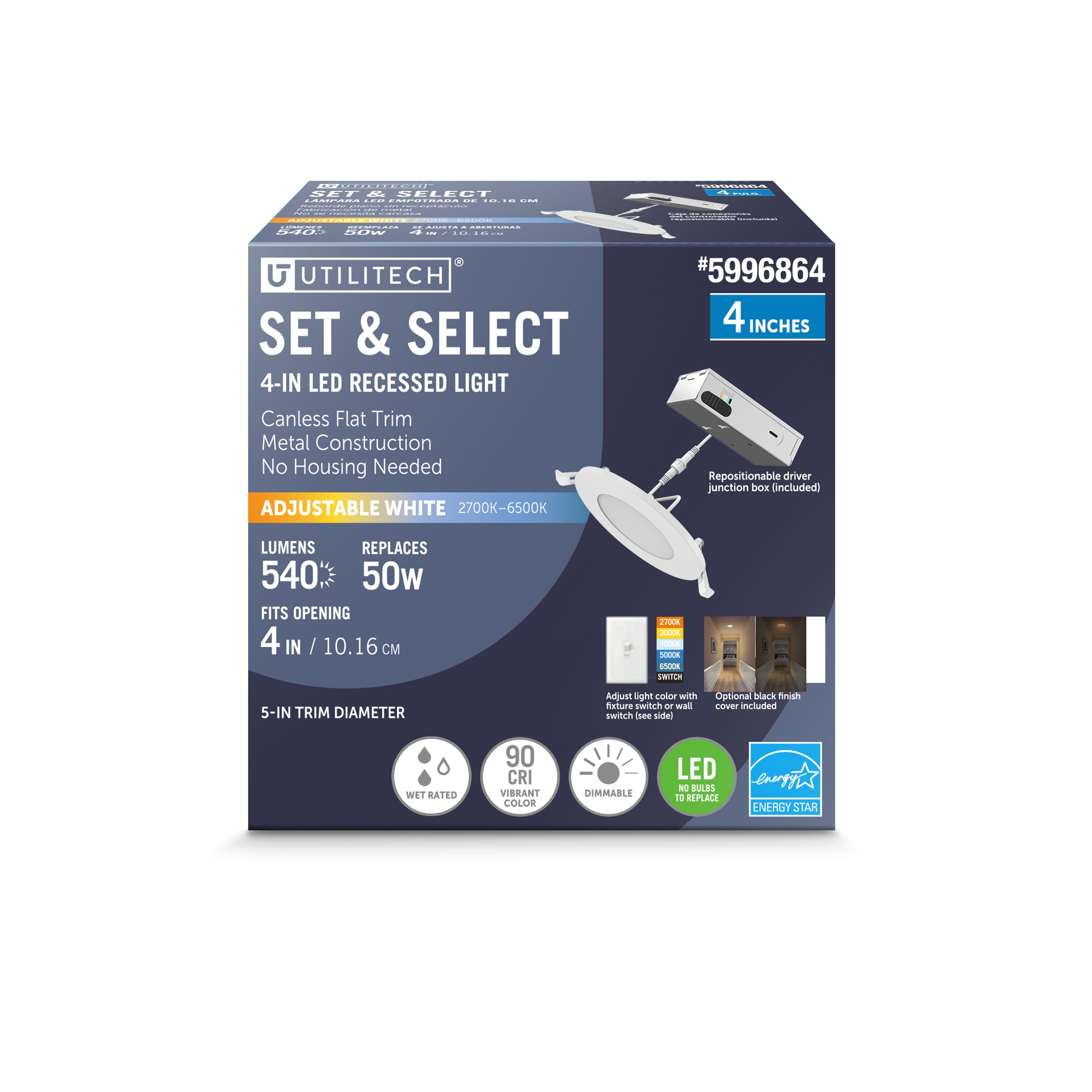 Utilitech LLEDR4XT/RT6WYBK White/ Black 4-in 540 -Lumens Switchable white Round Dimmable LED Canless Wet rated Recessed Downlight