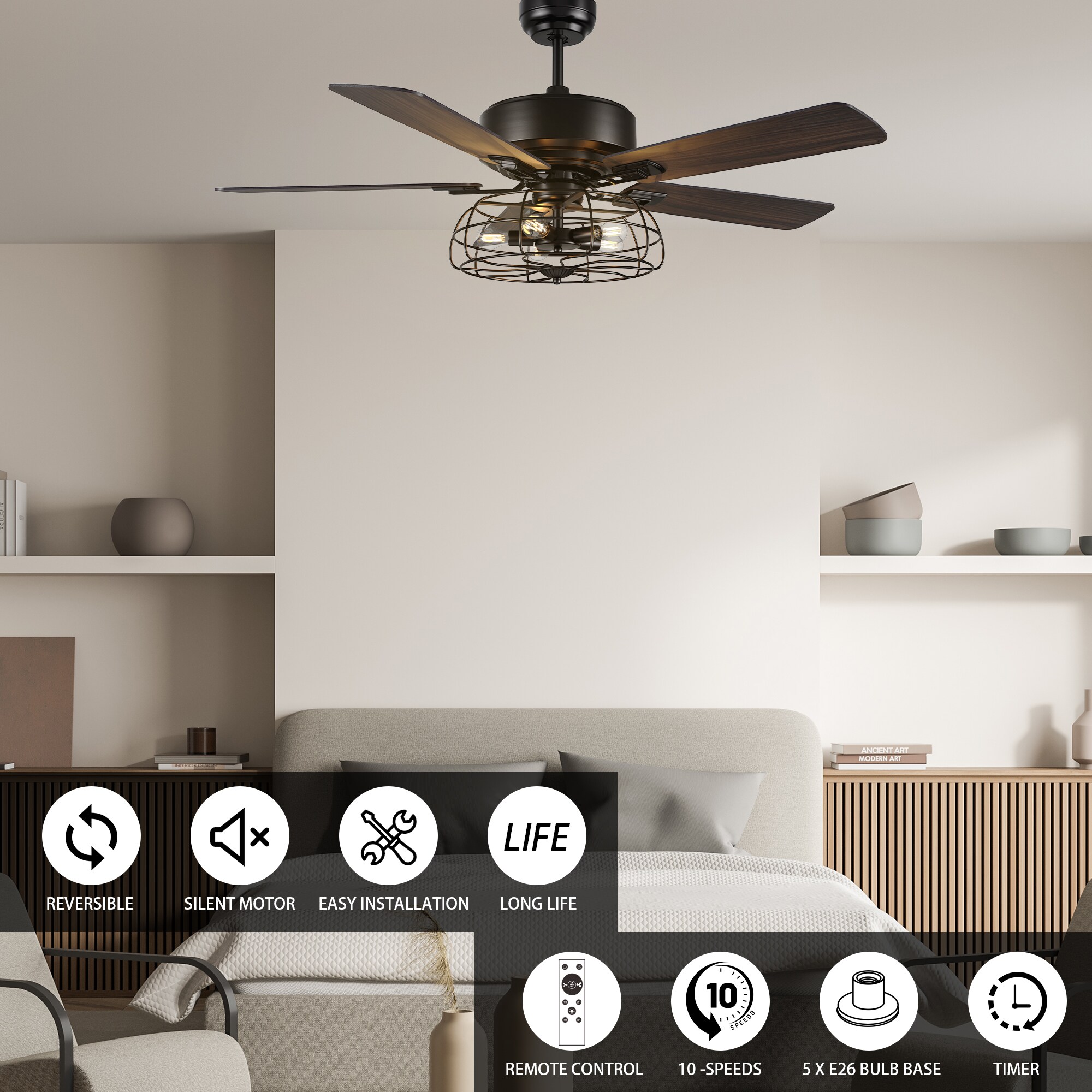 CARRO USA Maxton 52-in Black with Walnut Blades Indoor Ceiling Fan and ...