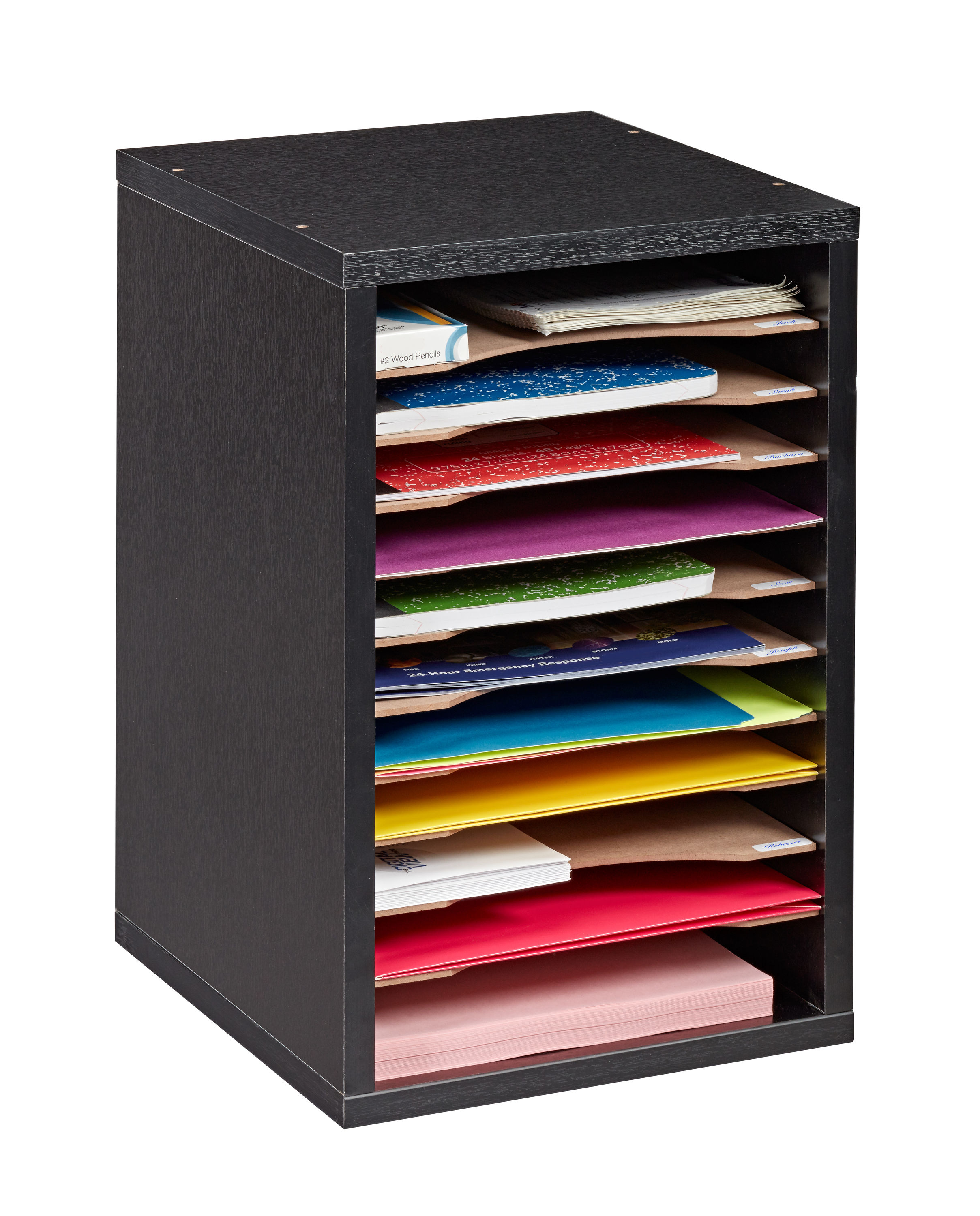 AdirOffice Wood 11 Compartment Vertical Paper Desktop Sorter Organizer - Black