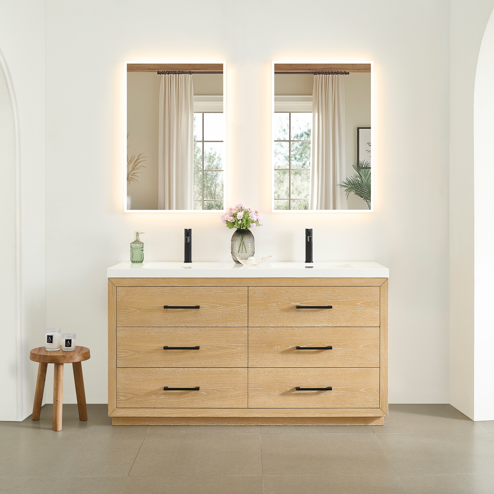 Altair 579060-WO-WH Sigrid 60-in White Oak Double Sink Bathroom Vanity with White Engineered Stone Top (Mirror Included)