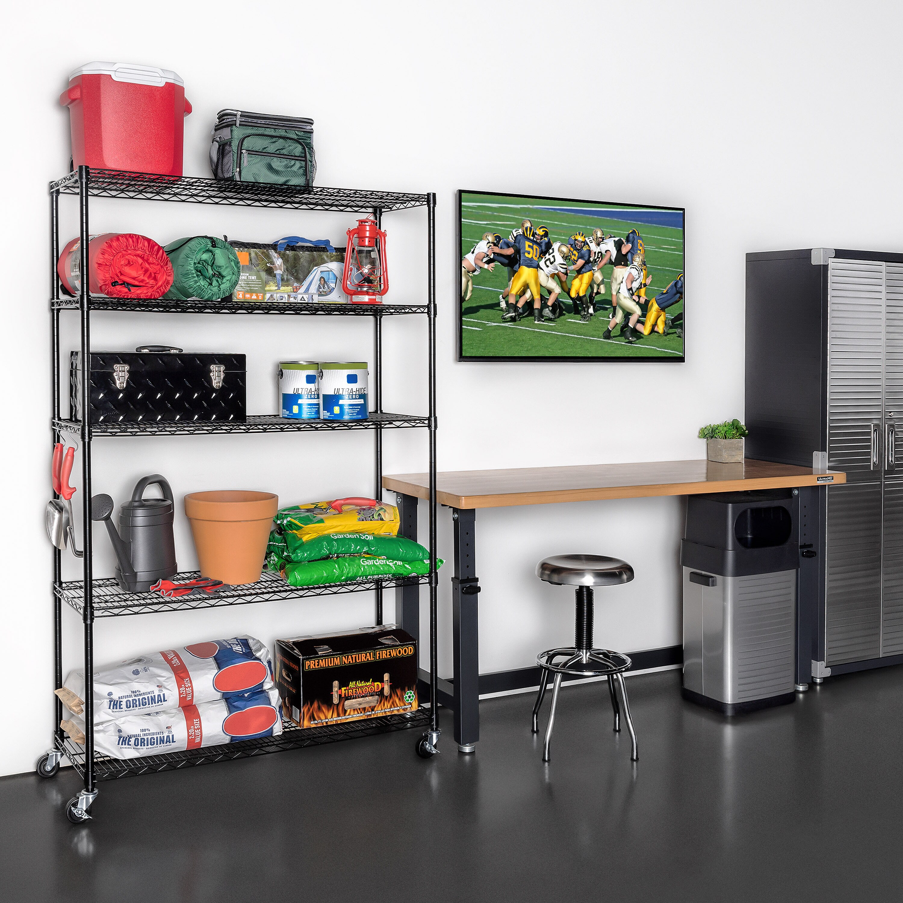 Black Adjustable 5-Tier Steel Wire Shelving Unit with Wheels