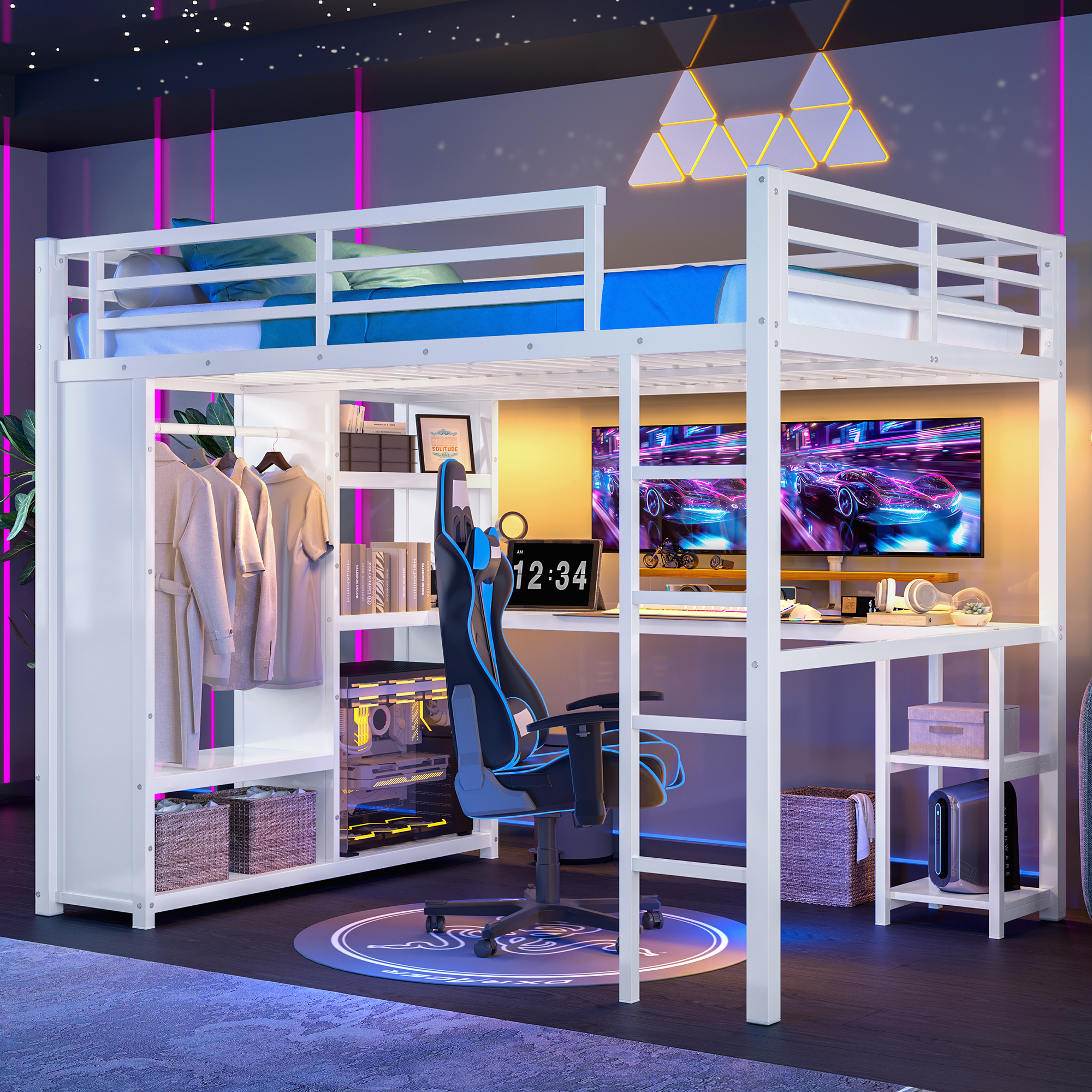 GDFStudio 342205 White Queen Size Metal Loft Bed Frame with Built-in Wardrobe and Storage Shelves