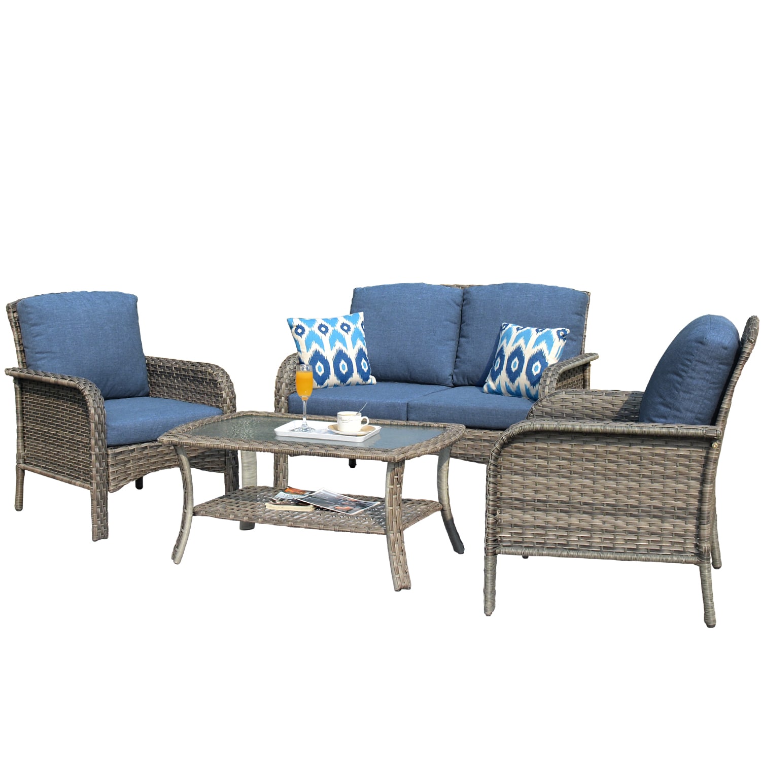 Ovios New Augtus 4-Piece Rattan Patio Conversation Set with Blue ...