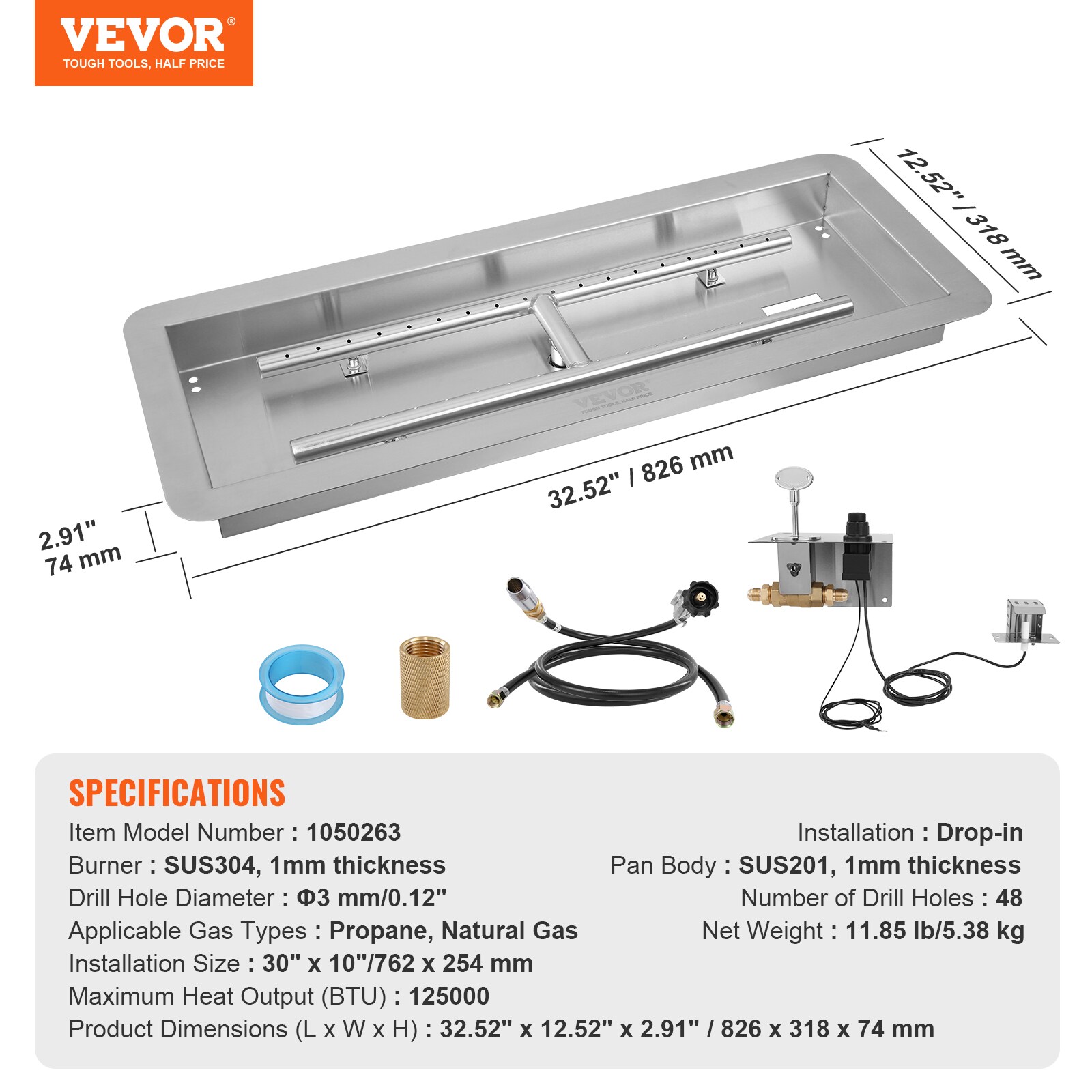 Stainless Steel 30'' Rectangular Drop-In Fire Pit Pan Kit