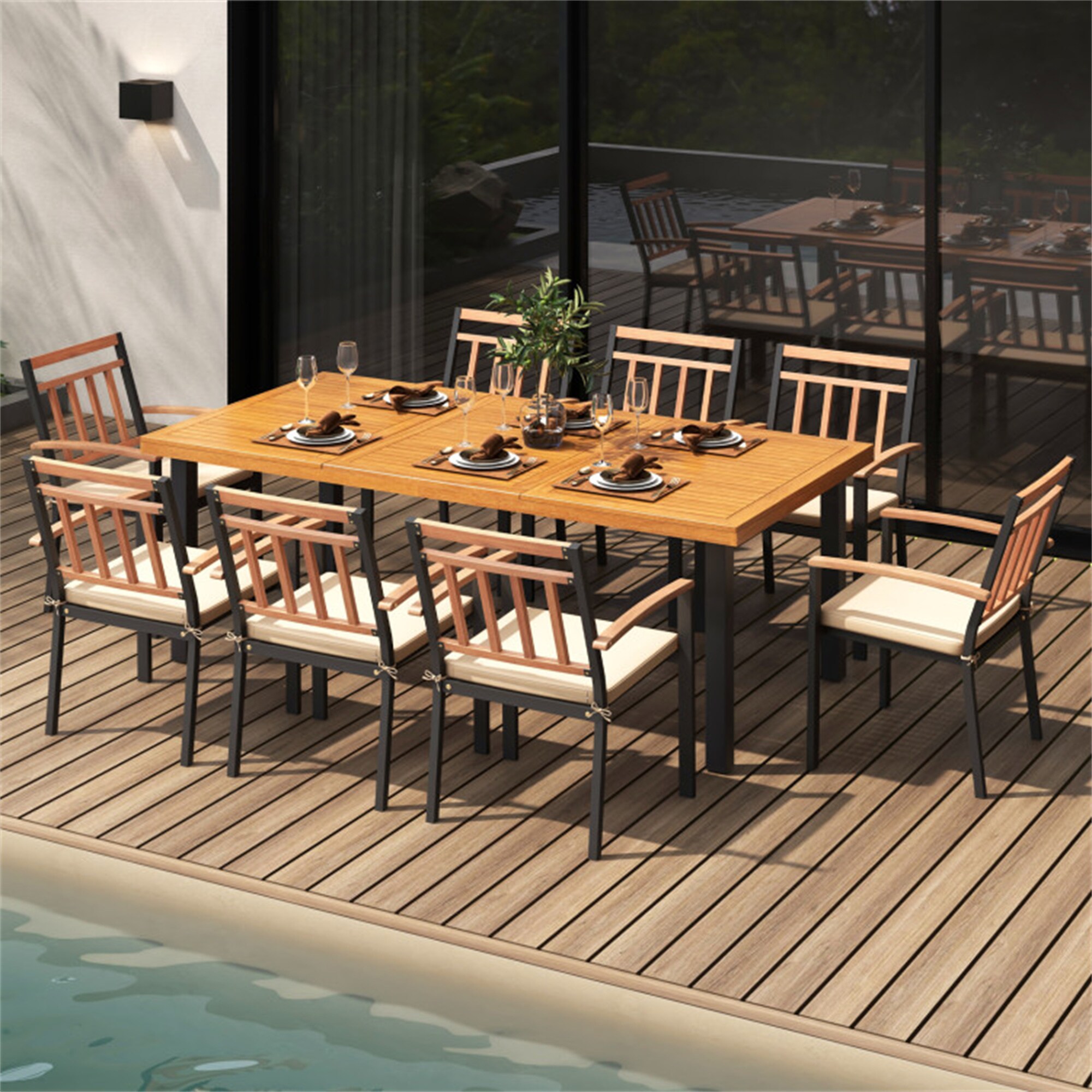 BABOOM BOM-S00011-OR Outdoor Furniture Set 9 -Piece Black Patio Dining Set Wood Rectangle Table with 8 Beige Cushions Stationary Chairs