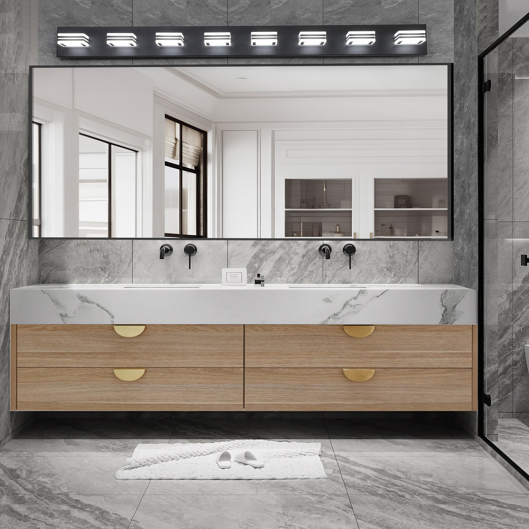 Tinyhomie 52 Inch 8 Light LED Bathroom Vanity Light Matte Black Acrylic Fixture Over Mirror Dimmable Energy Efficient Lighting