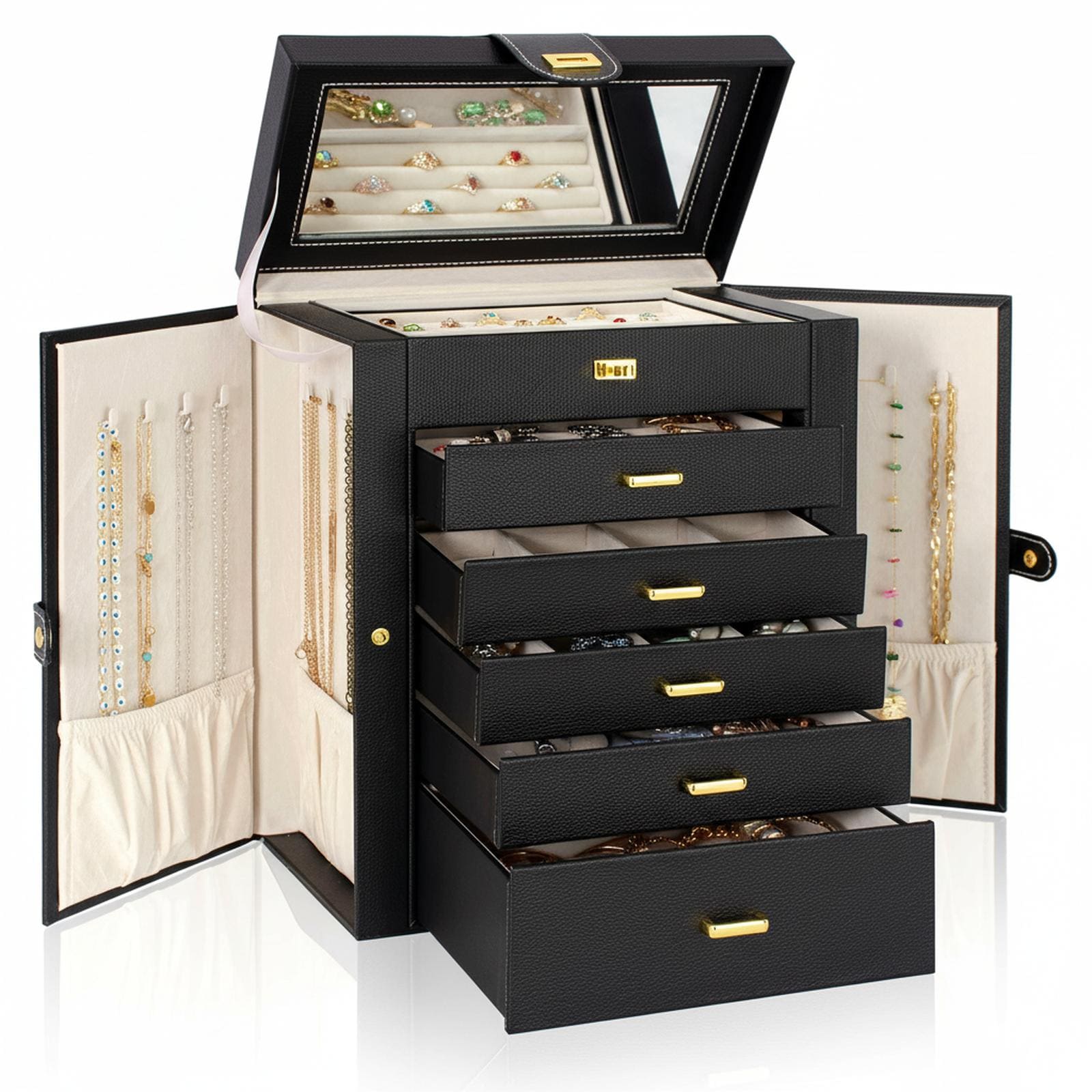Baginizer  Extra Large Jewelry Organizer Box with Mirror 6 Drawers 2 Side Cabinets for Rings Necklaces Earrings Bracelets