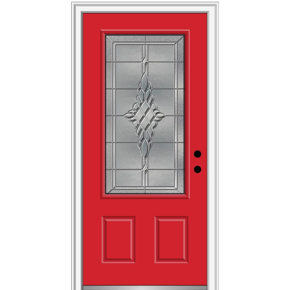 MMI DOOR ZZ3667007L 36-in x 80-in x 4-9/16-in Fiberglass 3/4 lite Left-hand inswing Red Saffron Painted Prehung Front Door with Brickmould Insulating core