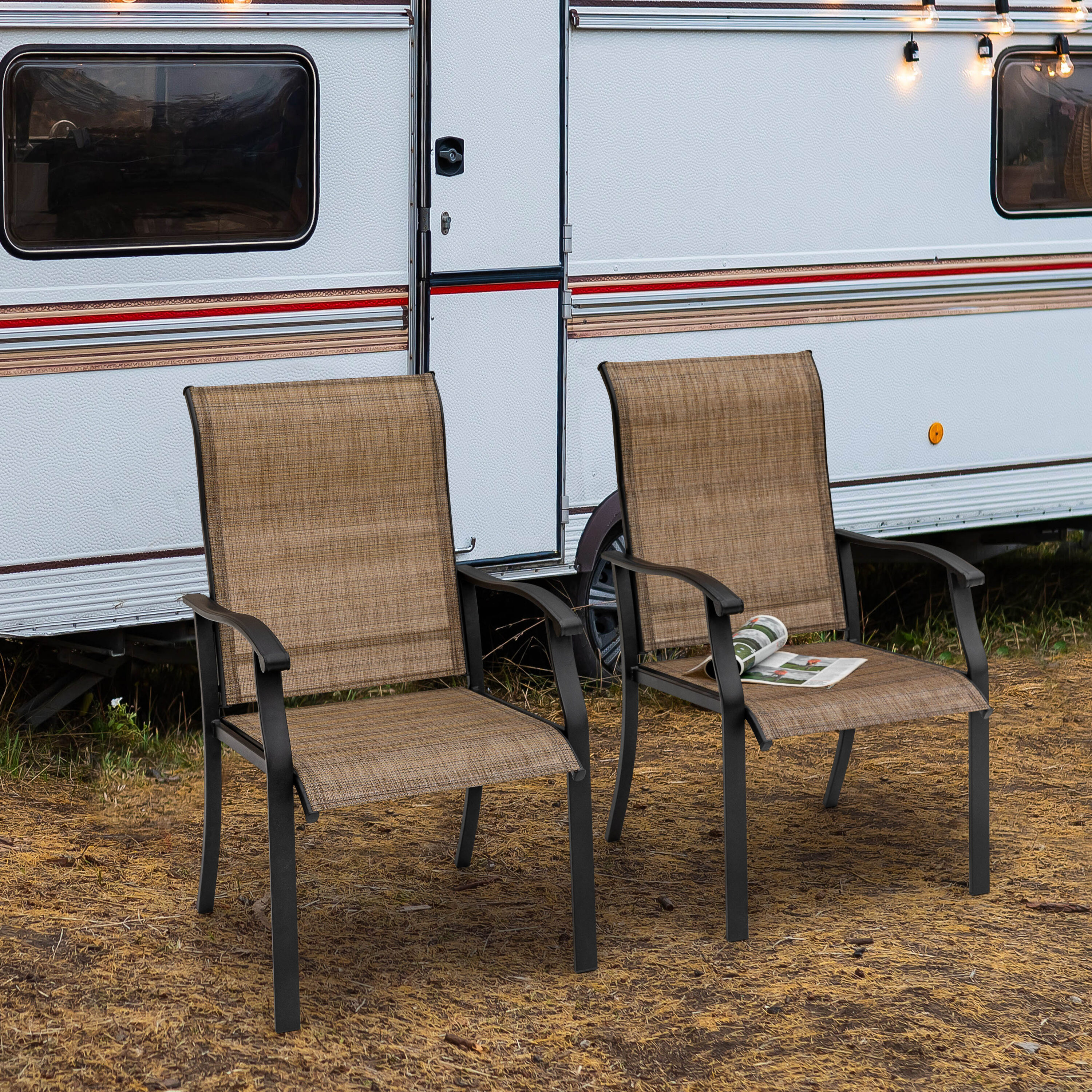 Black and Brown Steel Frame Outdoor Dining Chairs with Armrests