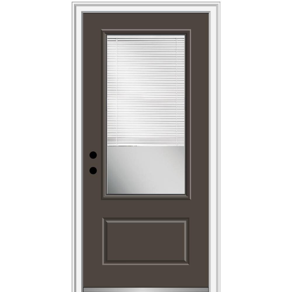 MMI DOOR ZZ07845R 36-in x 80-in x 4-9/16-in Fiberglass 3/4 lite Right-hand inswing Brown Painted Prehung Front Door with Brickmould Insulating core with Blinds
