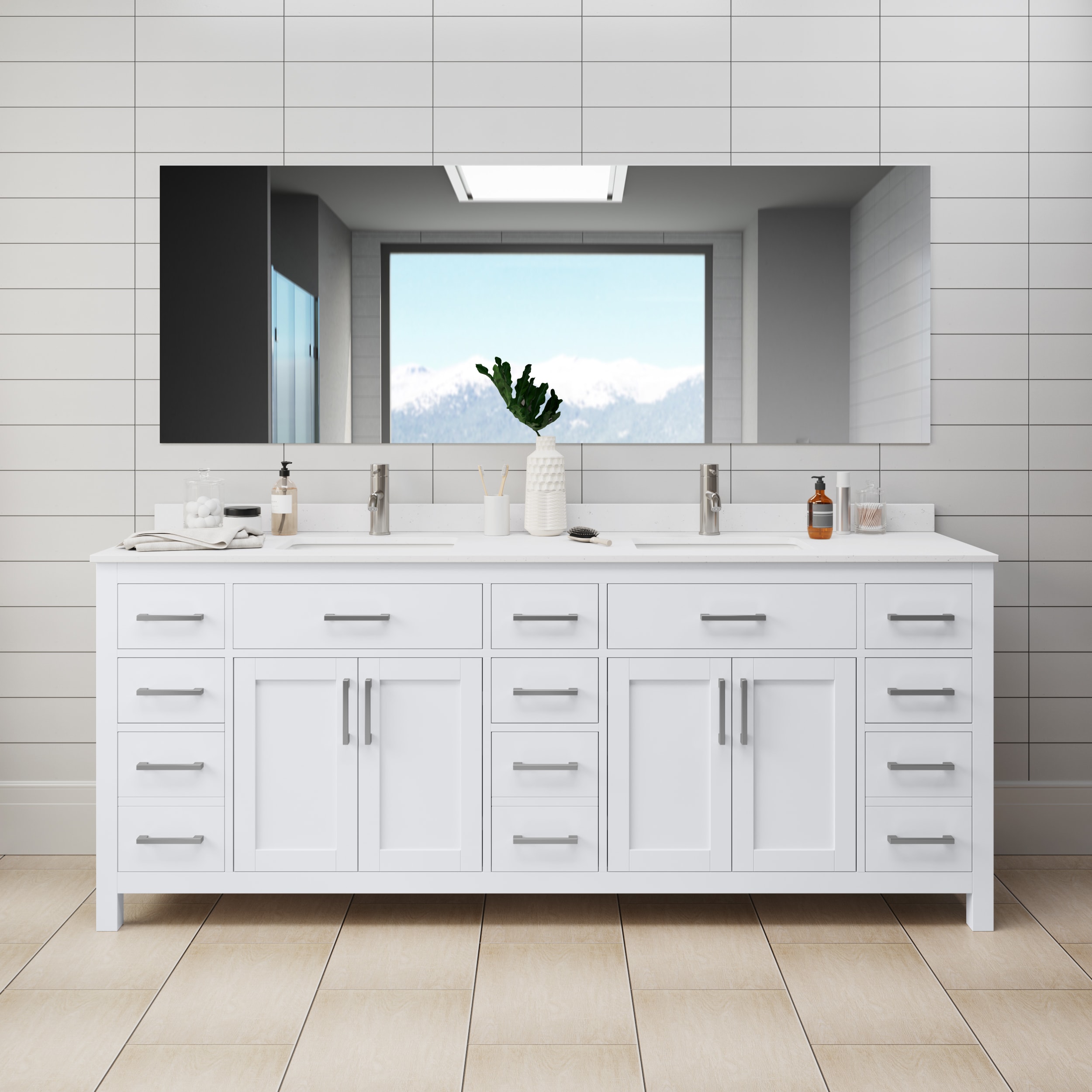 Wyndham Collection WCG242484DWHWCUNSMXX Beckett 84-in White with Brushed Nickel Trim Undermount Double Sink Bathroom Vanity with White Cultured Marble Top