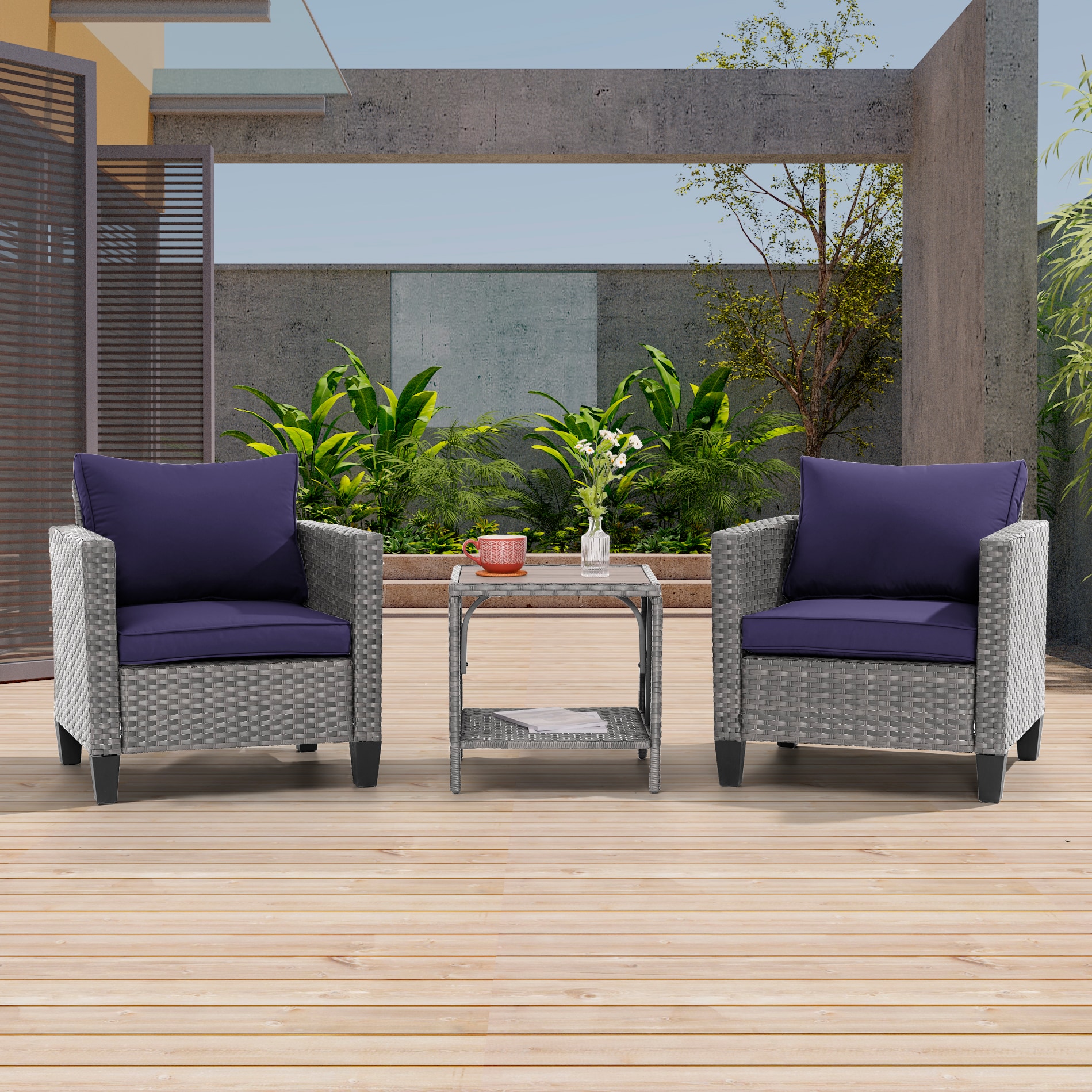 ACEGOSES LW-S1HNY 3 -Piece Wicker Patio Conversation Set with Navy Cushions