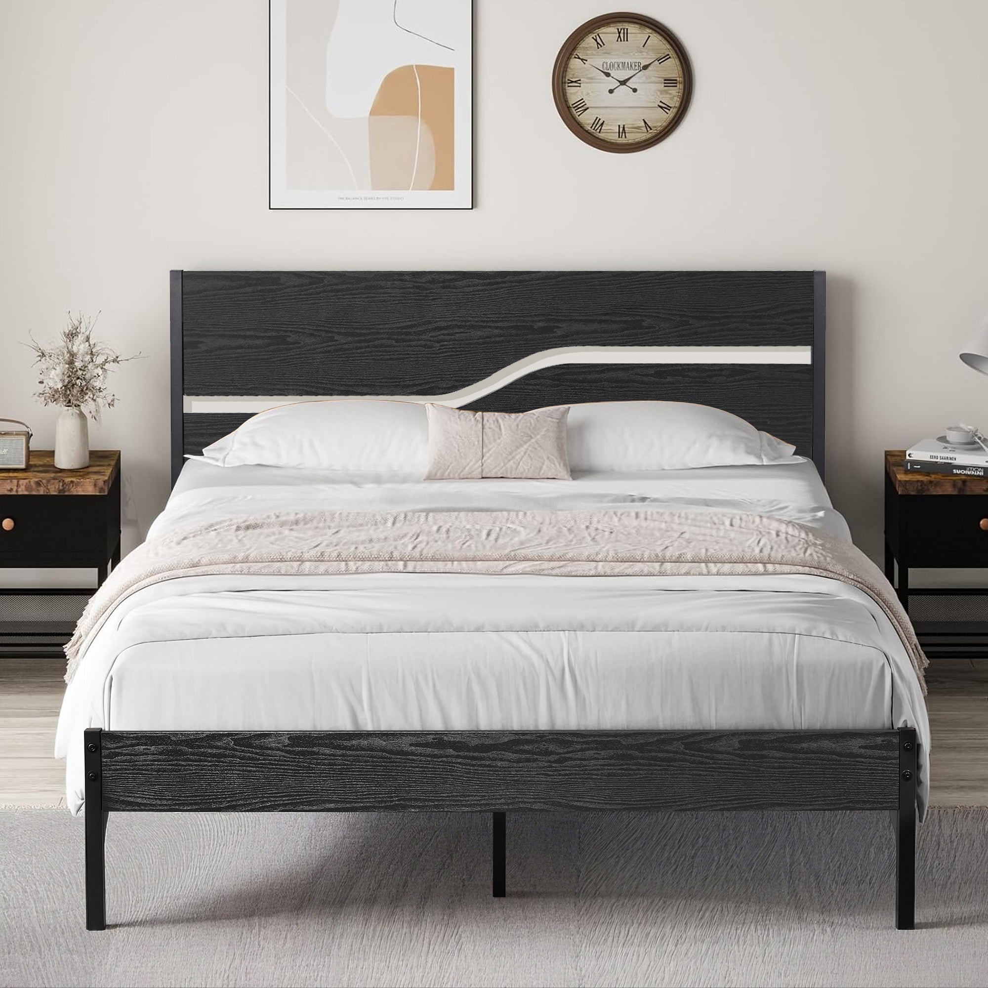 Vecelo LOE-BTJ-MBQ03-BLK Queen Size Metal Platform Bed Frame with Wooden Headboard Easy Assembly Black