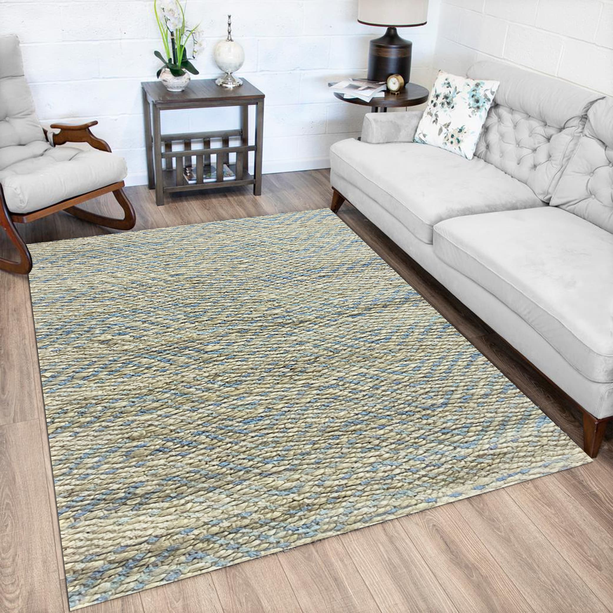 LR Home 4739A9084934J8 7 x 9 (ft) Tufted Jute Bleached Jute/Light Blue Rectangular Indoor Chevron Farmhouse/Cottage Area rug