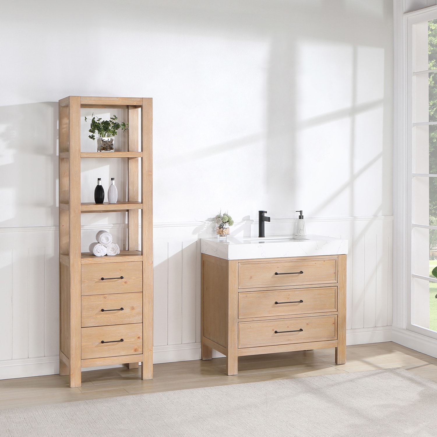 Leon 36" Fir Wood Brown Bathroom Vanity with White Composite Top
