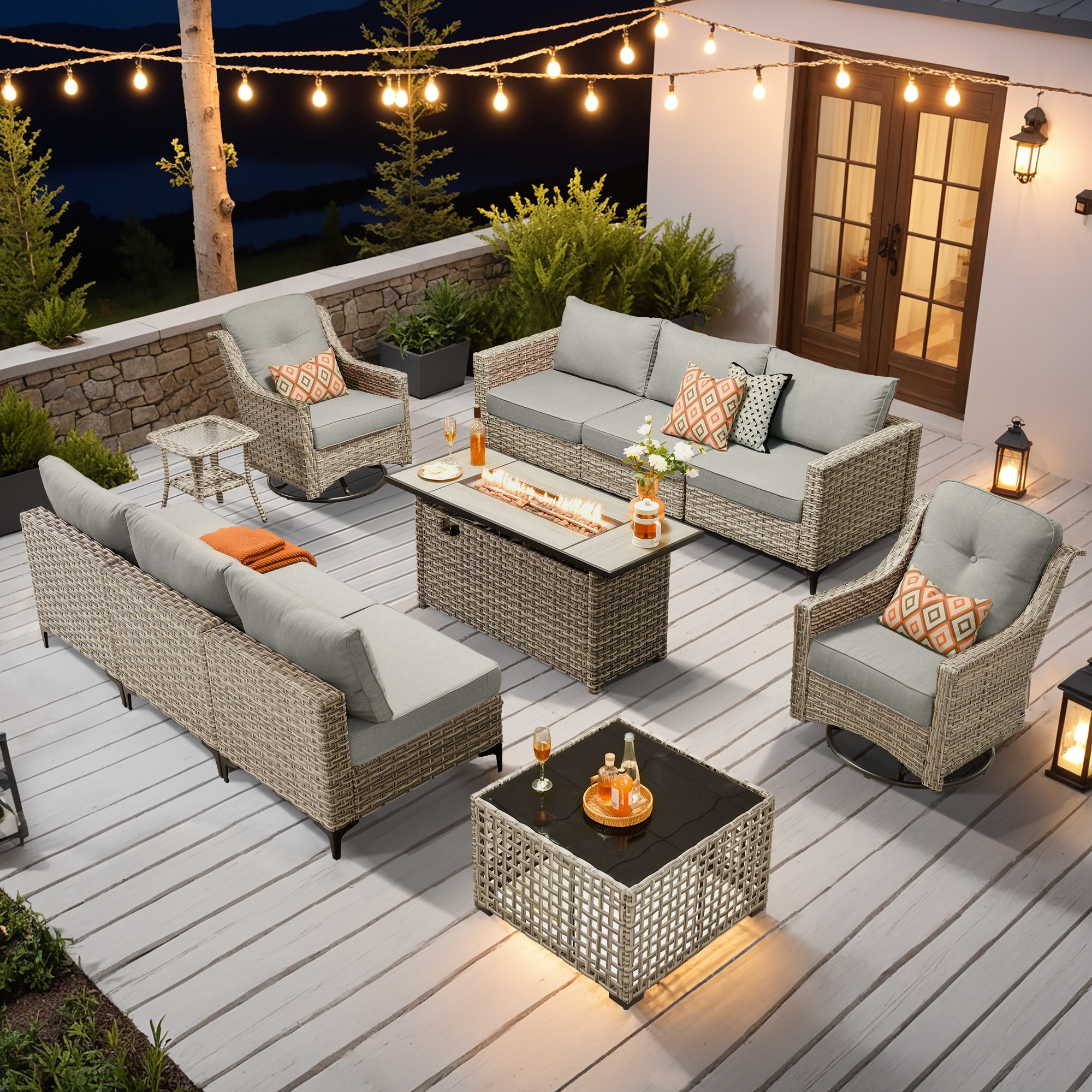 Ovios RFP504-SK40YP 11 -Piece Rattan Patio Conversation Set with Light Gray Cushions