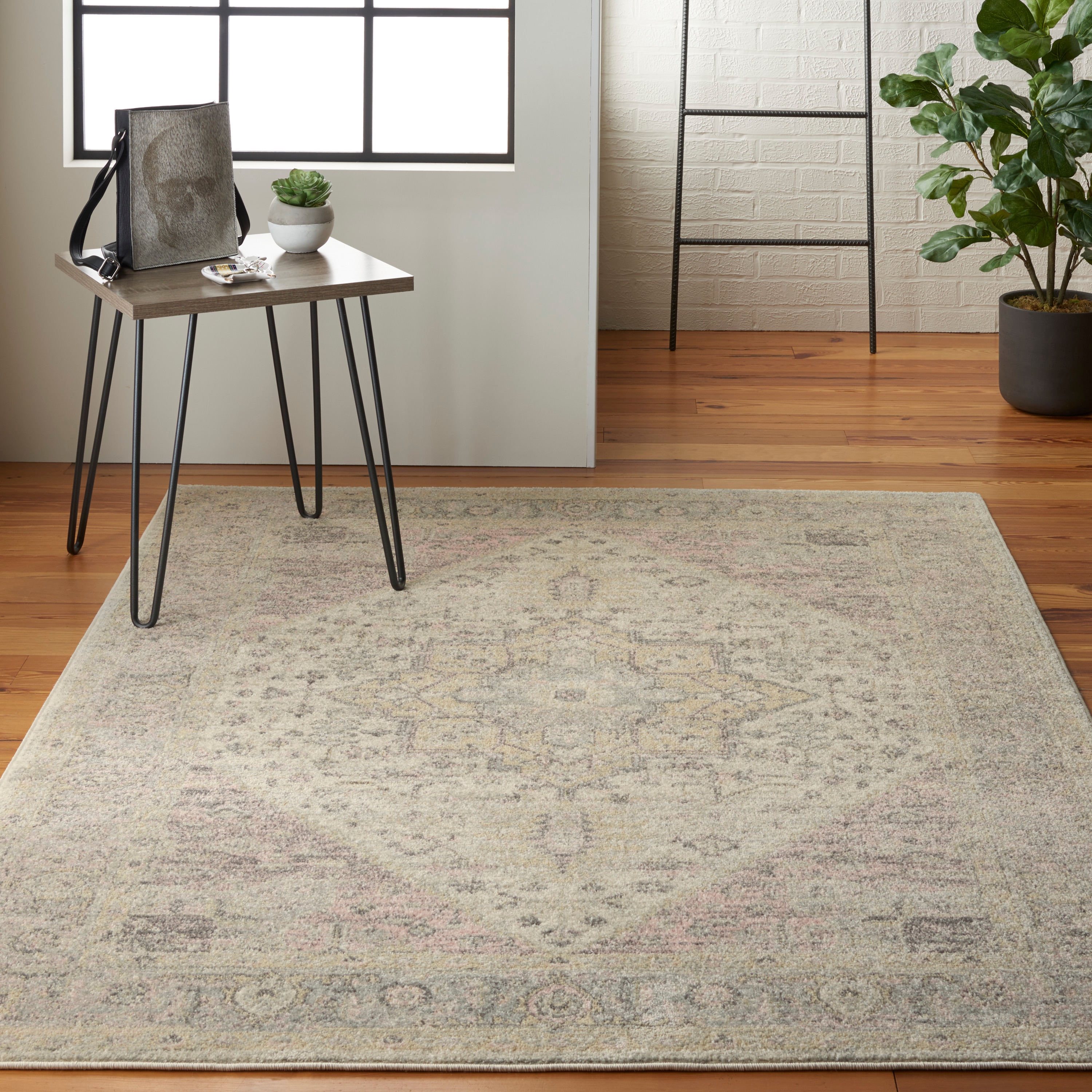 Nourison 99446485465 Tranquil 6 x 9 (ft) Loomed Polypropylene Ivory/Pink Rectangular Indoor Abstract Farmhouse/Cottage Area rug