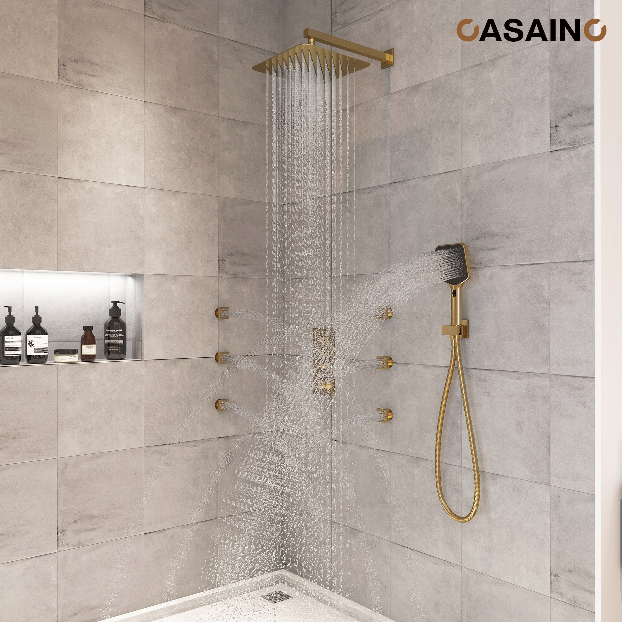 Brushed Gold Dual Square Wall Mount Shower System with Handheld