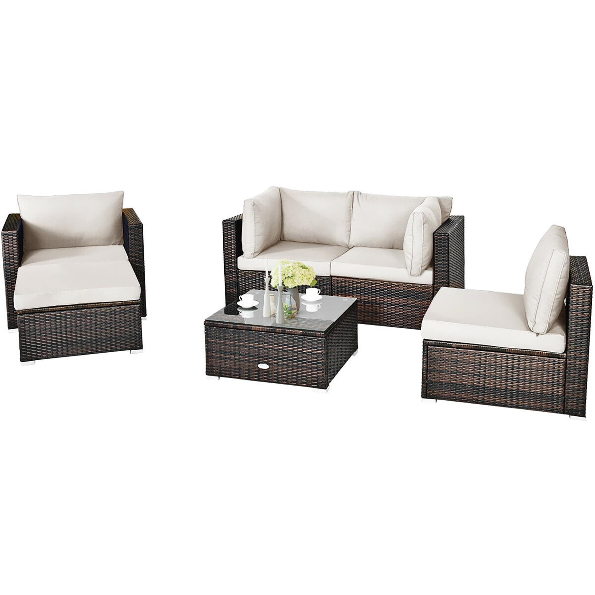 BABOOM BOM-7WH+-CO Patio Furniture Set 6 -Piece Rattan 2 Patio Sofa Conversation Set with White Cushions