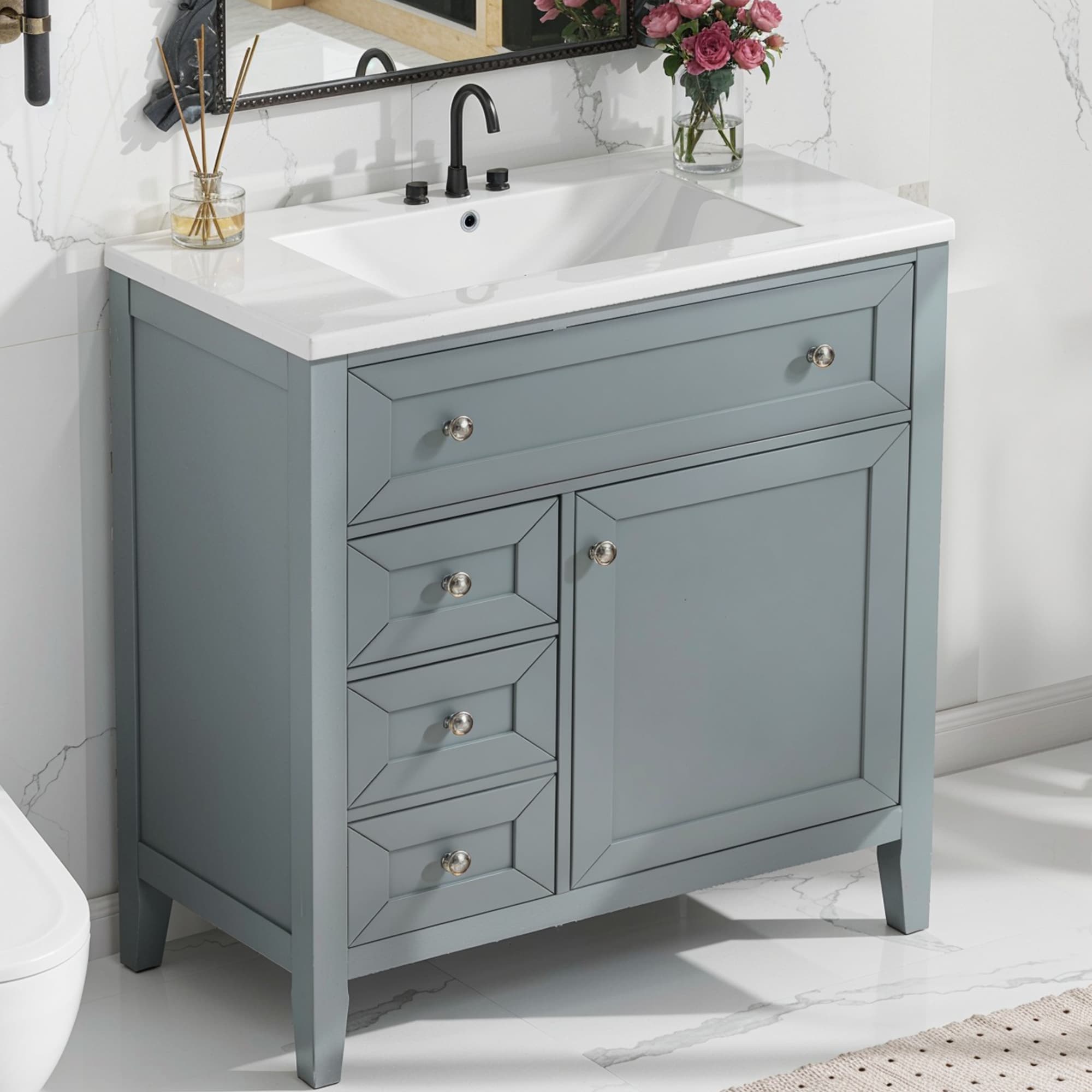 KERDOM  Ceramic Sink Bathroom Vanity Wooden Bathroom Organizer Freestanding Pedestal Sink Storage Cabinet With Adjustable Door Shelves And Drawer