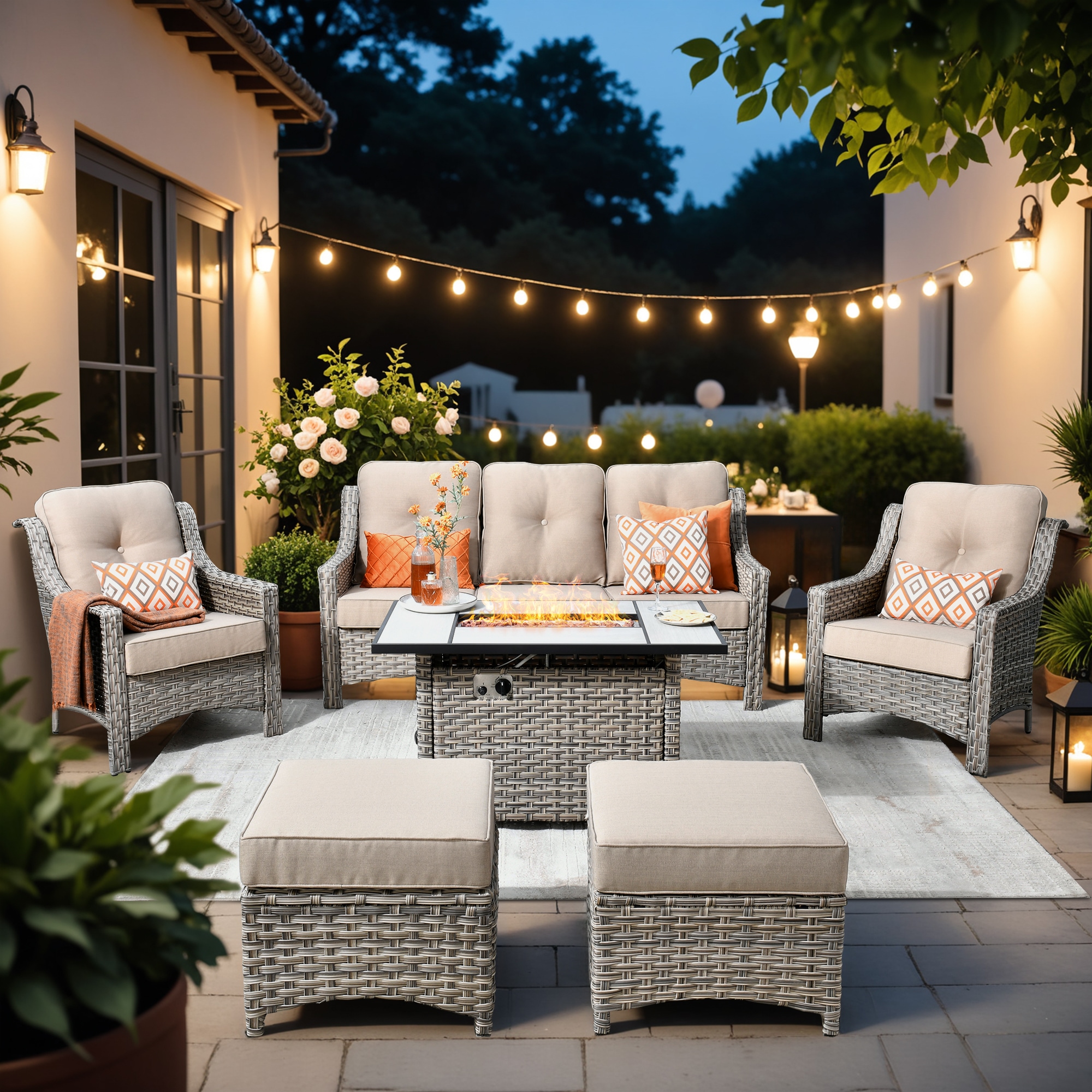 XIZZI XIPAD6164-CFP Pyrophyllite 6 -Piece Rattan Patio Sofa Conversation Set with Off-white Cushions