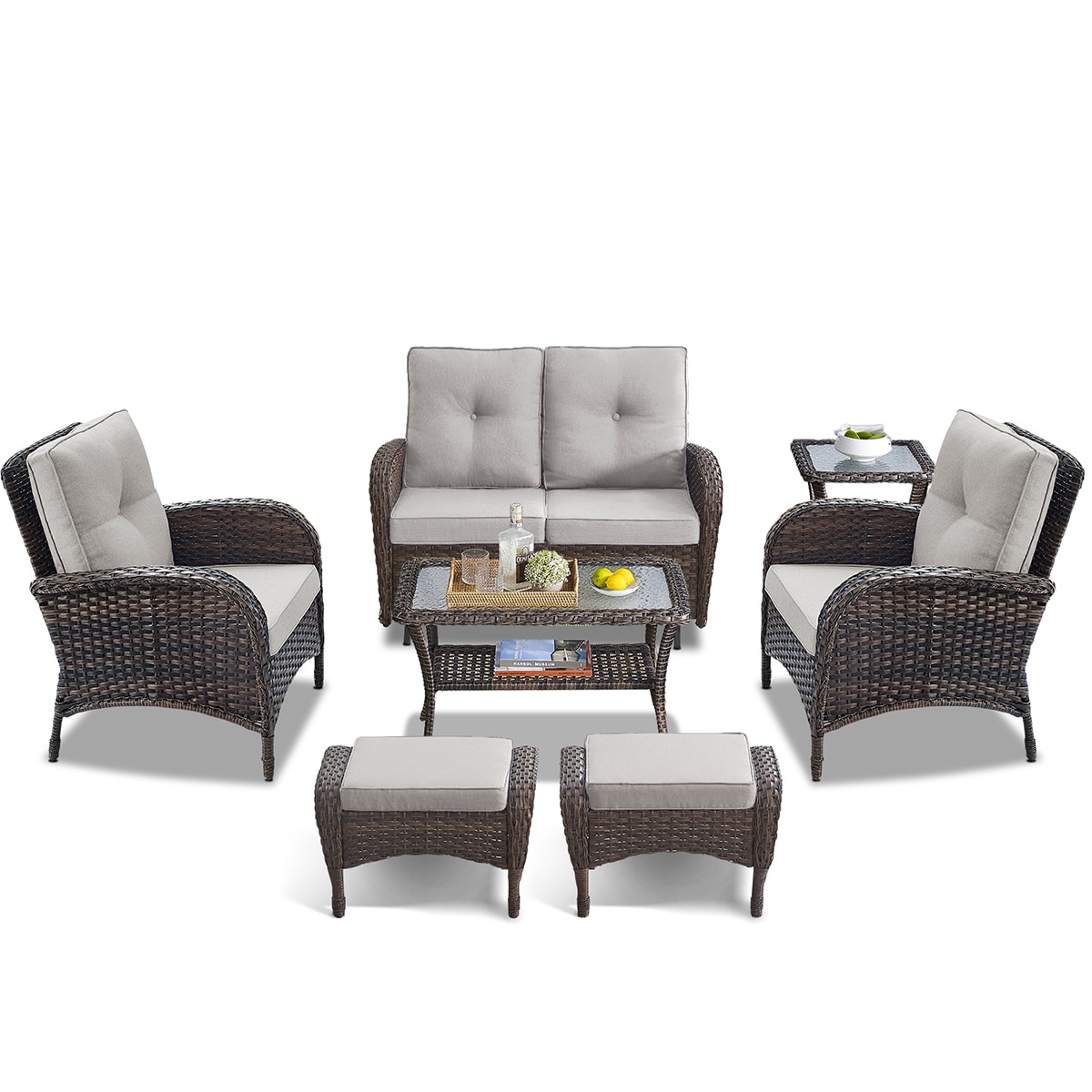 Rilyson FS088116087R60-2 7 -Piece Wicker Patio Conversation Set with Off-white Cushions