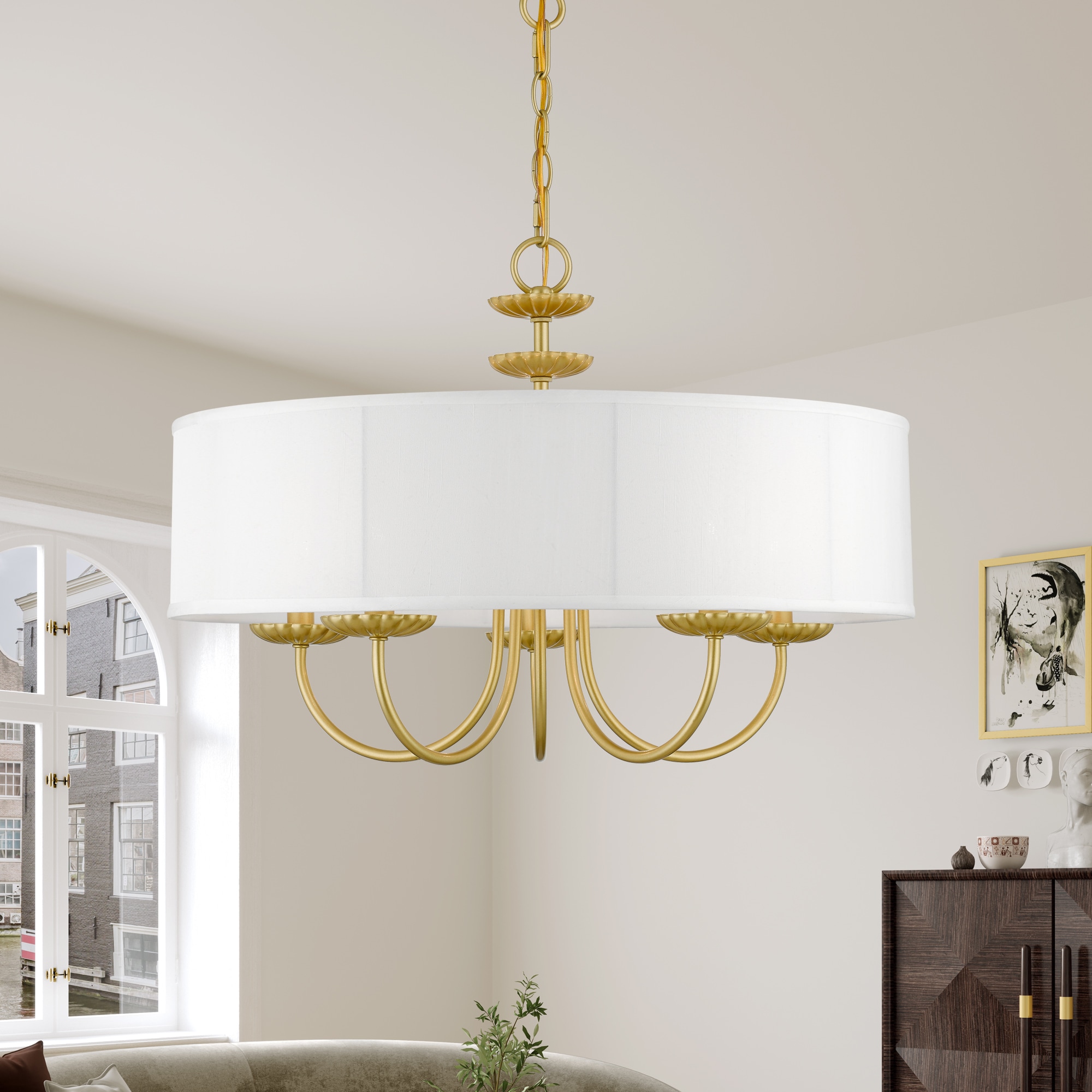 Brookdale Soft Gold 5-Light Pendant with Off-White Drum Shade