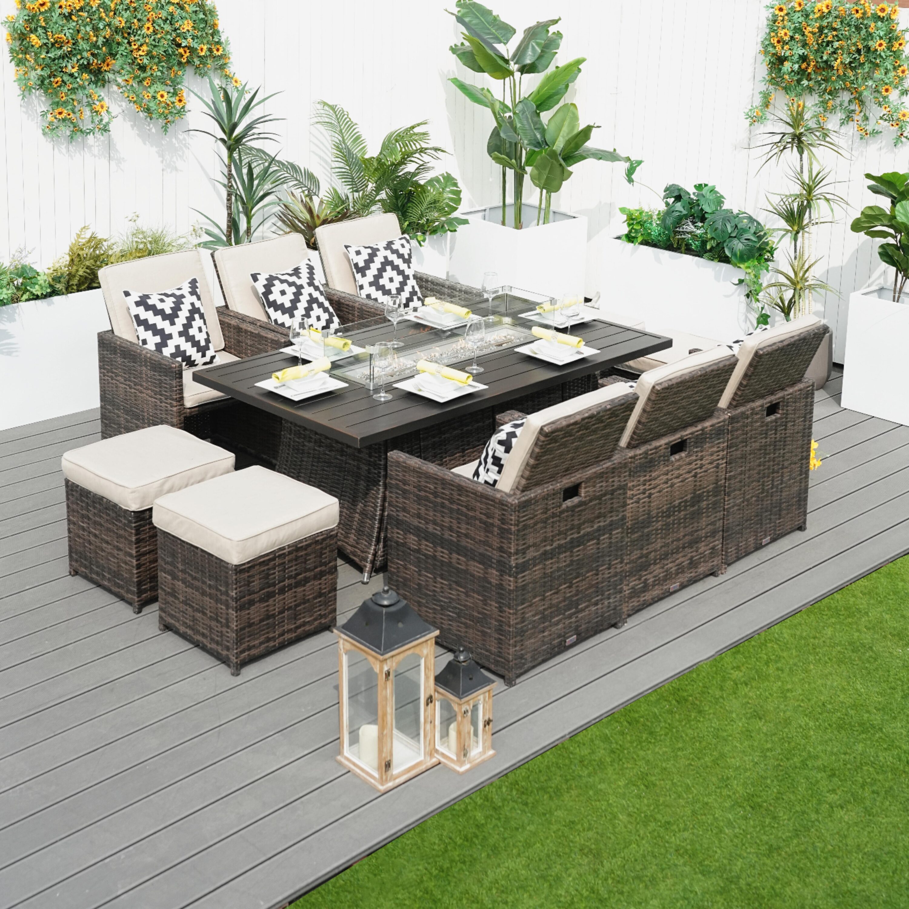 Direct Wicker DWG-1634RA-BR Flame 11 -Piece beige Wicker Patio Dining Set Rattan Rectangle Table with 6 White Cushions Stationary Chairs