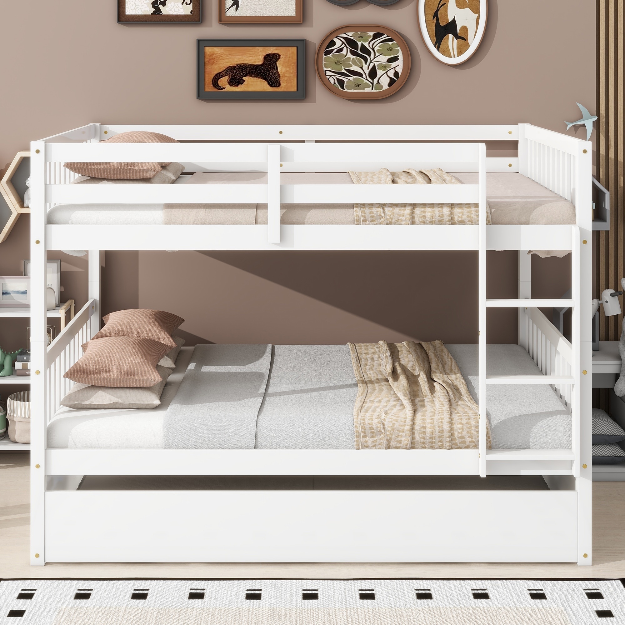 Horizons Prime Full over Full White Rubber Wood Bunk Bed with Trundle and Guardrails with Convertible Design