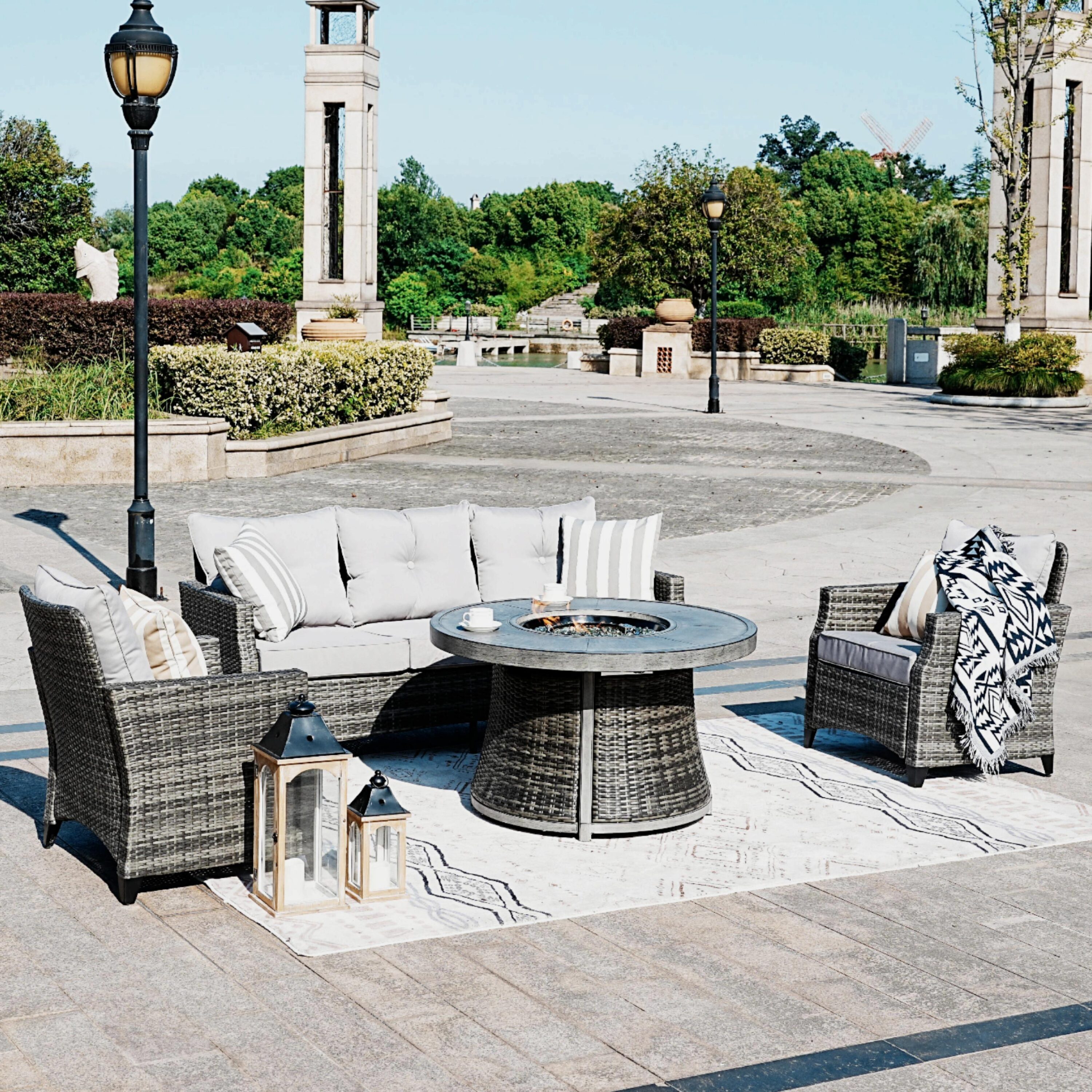 Direct Wicker DWG-1802P&521E-G 4 -Piece Wicker 3 Patio Sofa Conversation Set with Gray Cushions