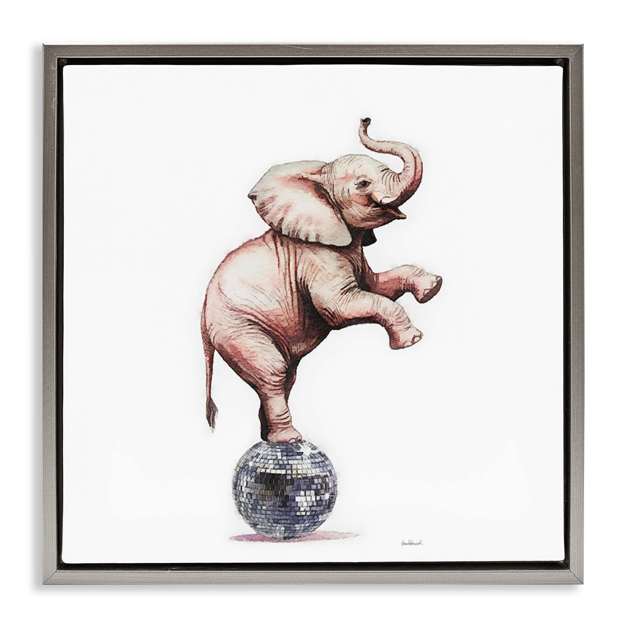 Stupell Industries BS-110-FFL-17X17 Elephant on Disco Ball Gray Framed Floater Canvas Wall Art By Amanda Greenwood 18 x 18