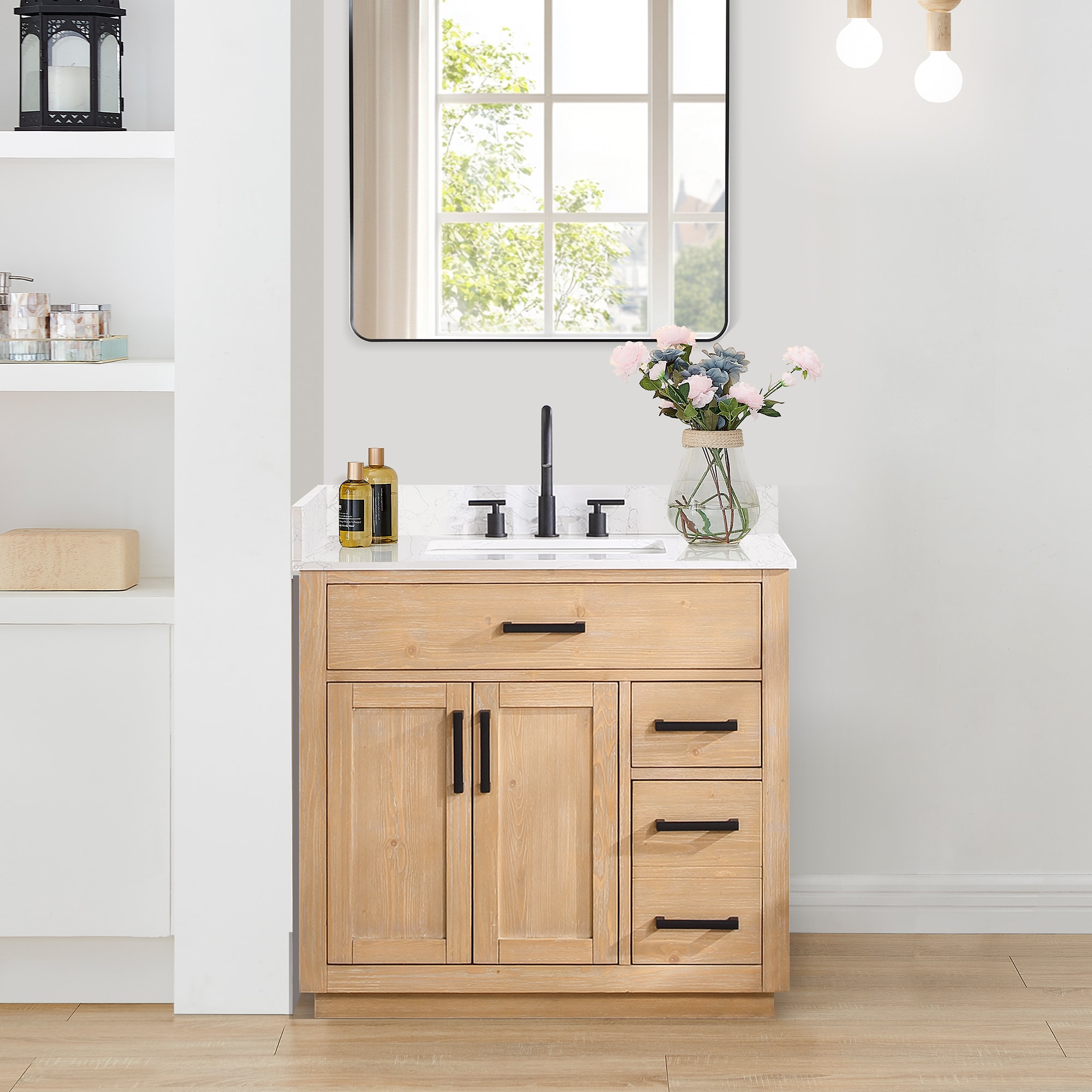 Altair 557036-LB-GW-NM Gavino 36-in Light Brown Finish Undermount Single Sink Bathroom Vanity with Grain White Engineered Stone Top