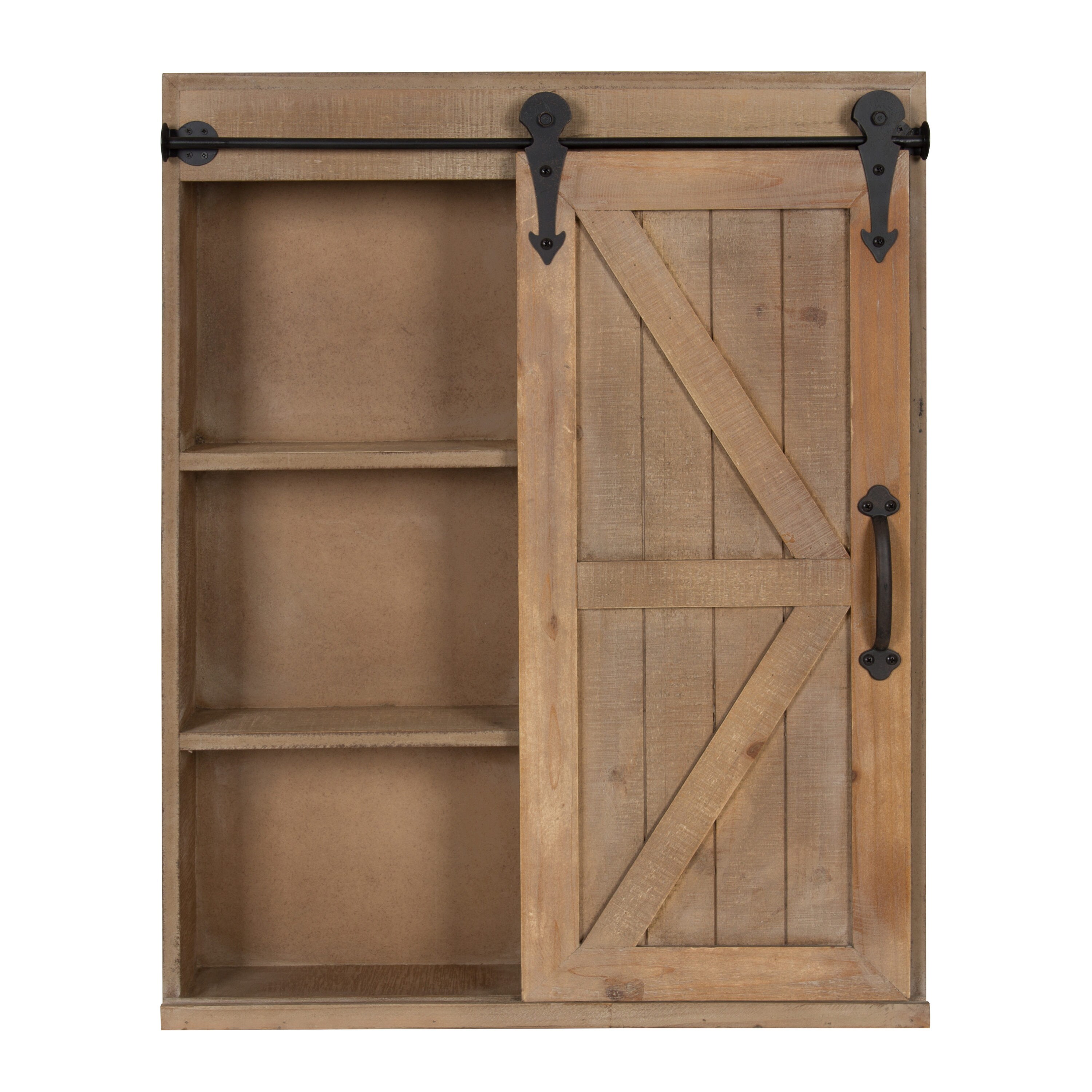 Kate and Laurel Cates Wood Wall Storage Cabinet with Vanity Mirror and Sliding Barn Door Rustic Brown 