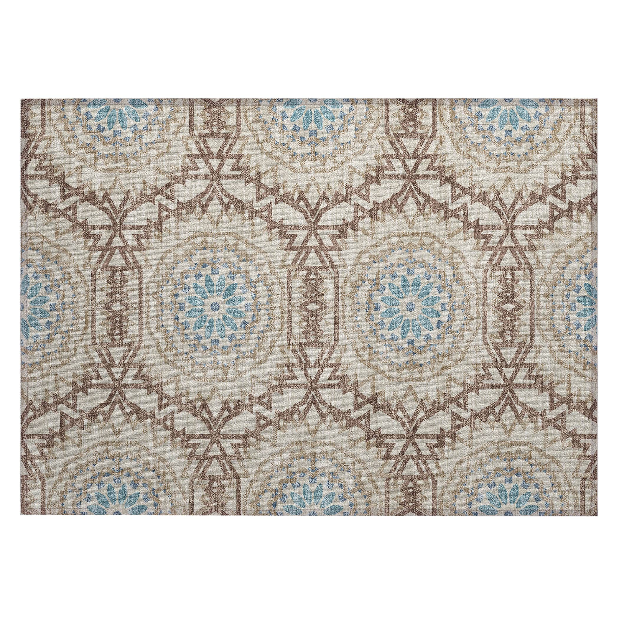 Khaki and Blue Rectangular Synthetic Washable Rug
