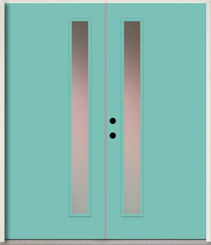 RELIABILT LO1065445 Spotlights 72-in x 80-in x Fiberglass 1/4 lite Right-hand inswing Caribbean Blue Paint Painted Prehung Double Front Door Insulating core