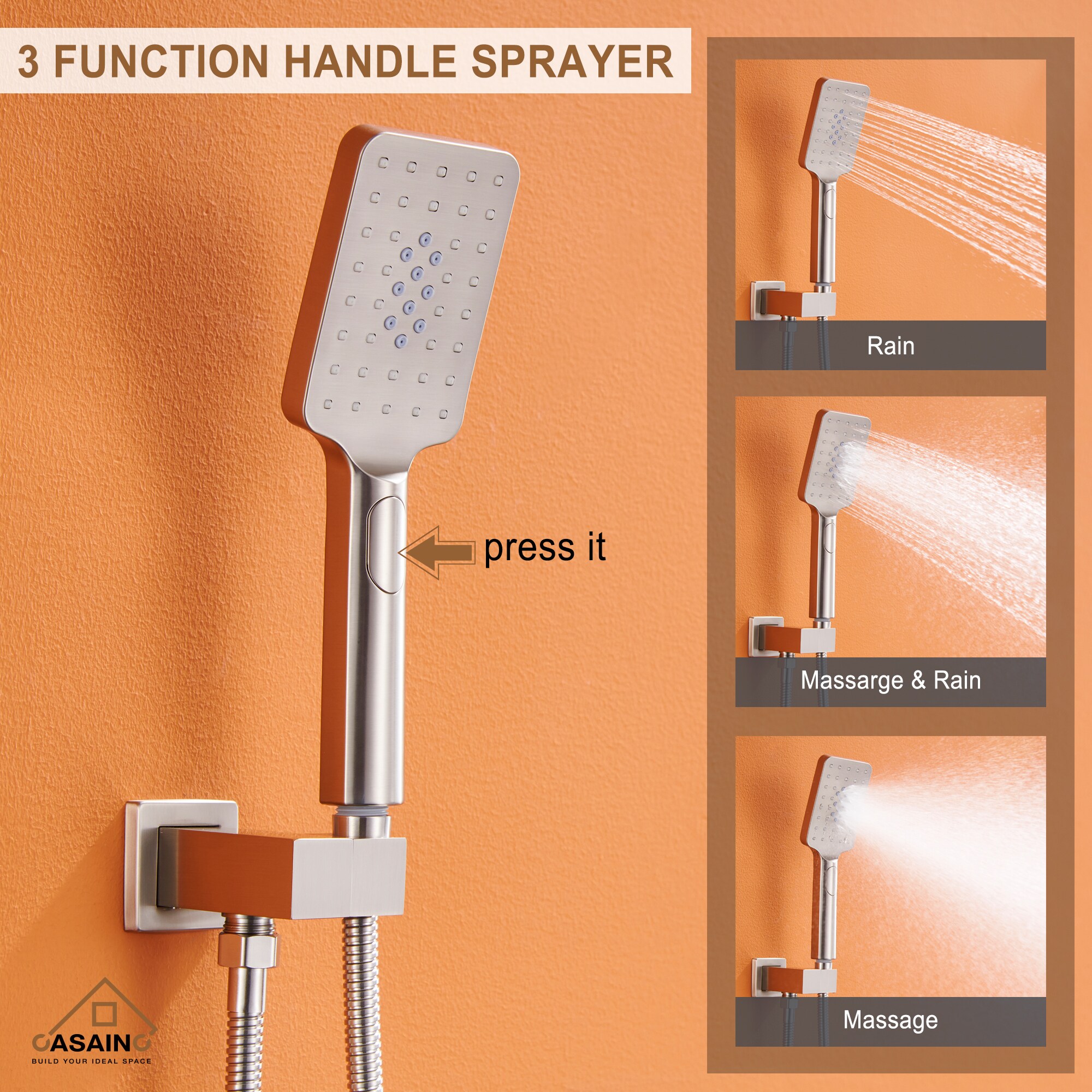 Brushed Nickel Ceiling Mounted Rain Shower System with Handheld