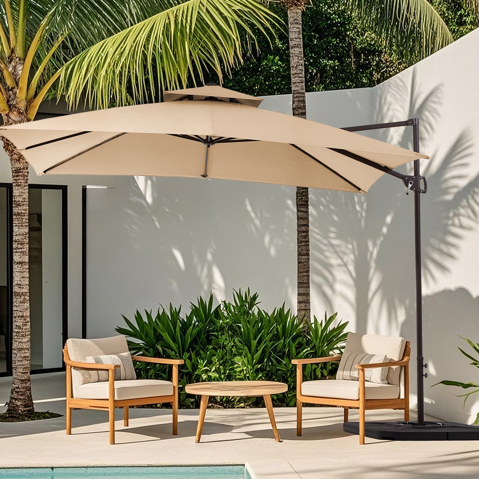 JEAREY AWCWD-MS 9-ft Aluminum Beige Crank Cantilever Patio Umbrella with Base
