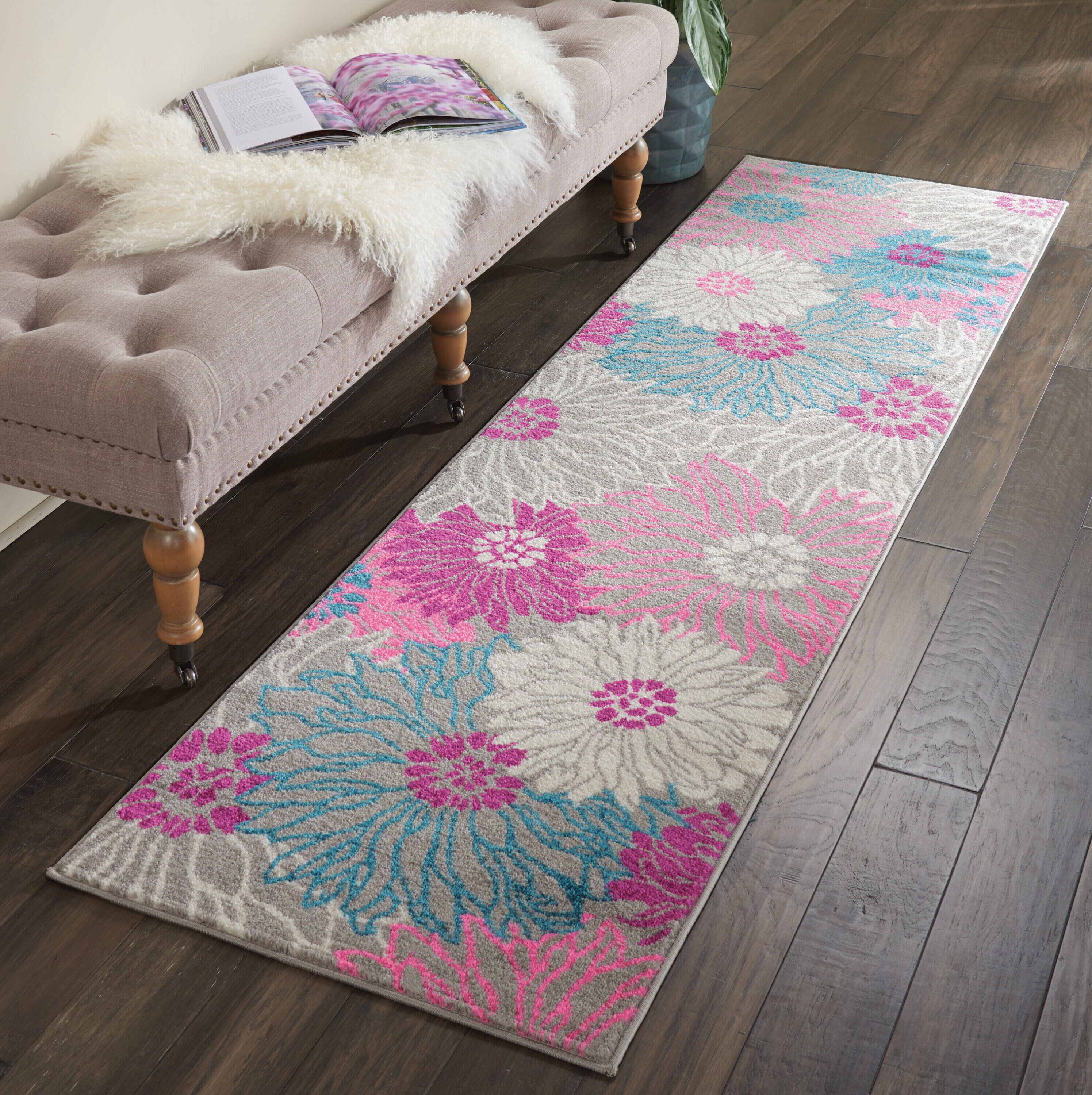 Nourison 99446403186 Passion 2 x 8 (ft) Loomed Grey Rectangular Indoor Floral/Botanical Runner rug