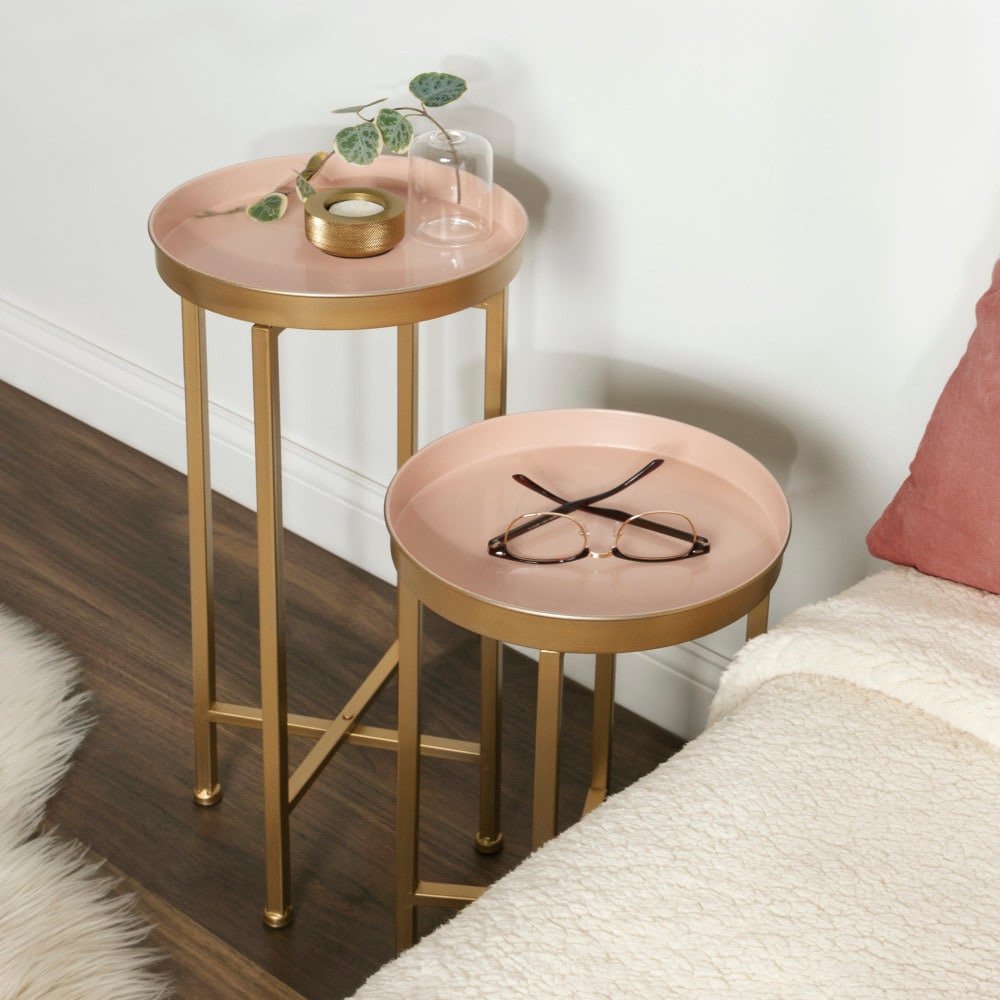 Celia Pink and Gold Round Metal Foldable Tray Table Set