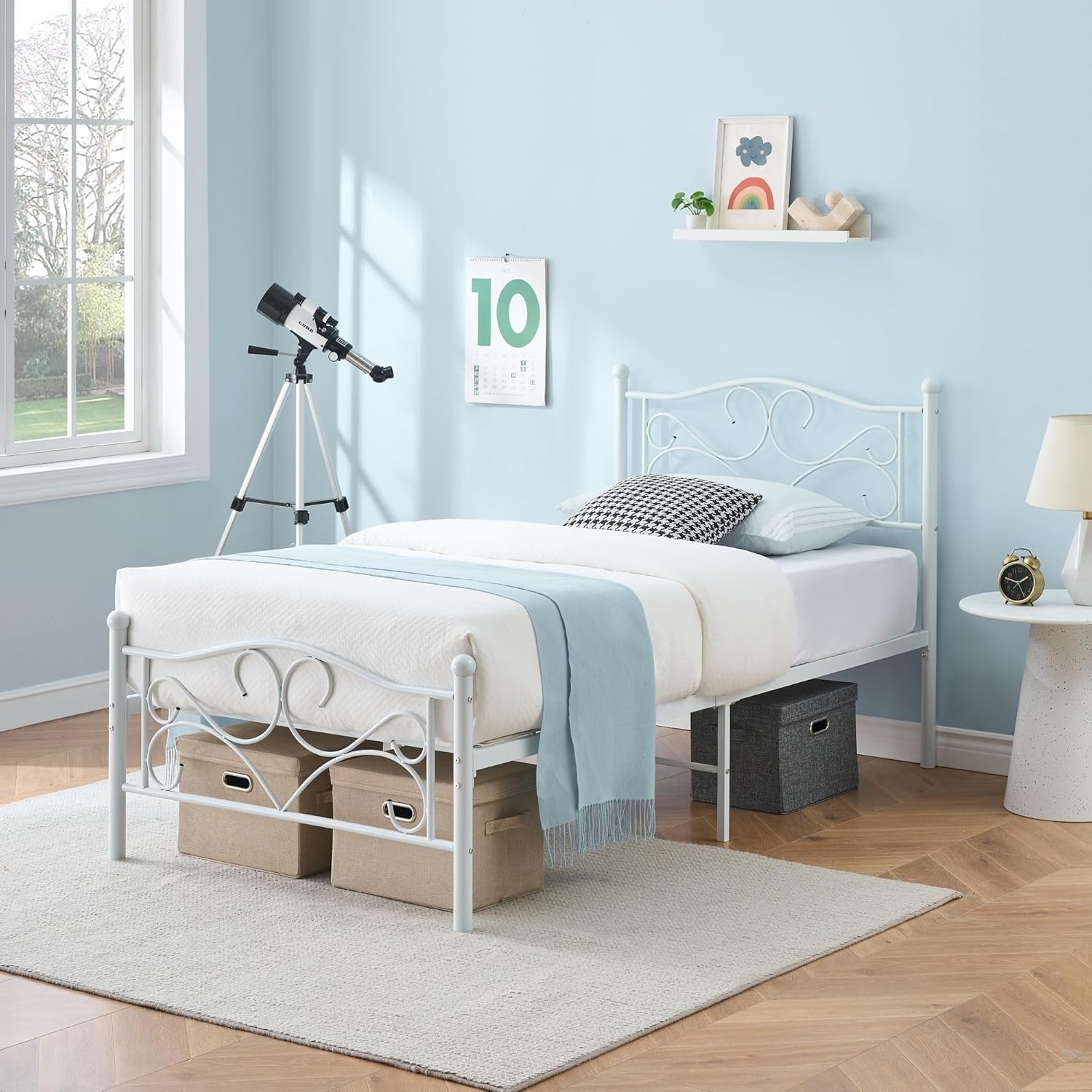 Qeetex LHF-BED-PHO-0Q02MB2B Curved Metal Twin Size Bed Frame with Headboard and Footboard Platform Bed Frame with Storage Steel Slats Support No Box Spring Needed Noise Free White