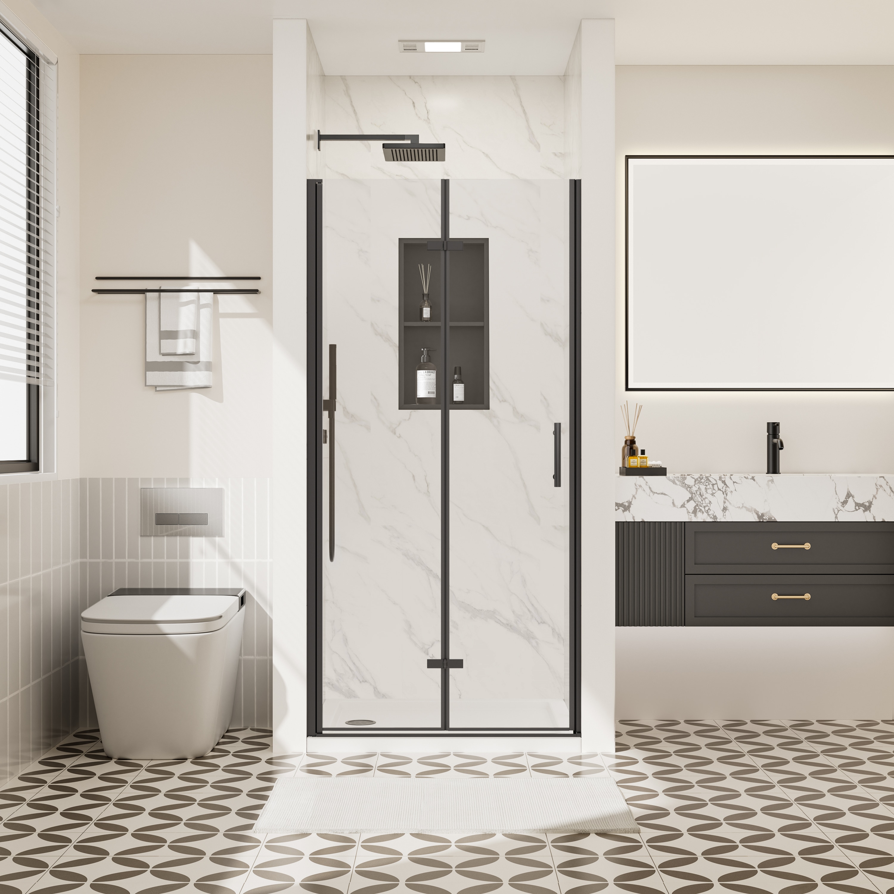Velusian 36-37.5 in. W x 72 in. H Bi-Fold Pivot Frameless Shower Doors with Easy to Clean Tempered Glass in Matte Black