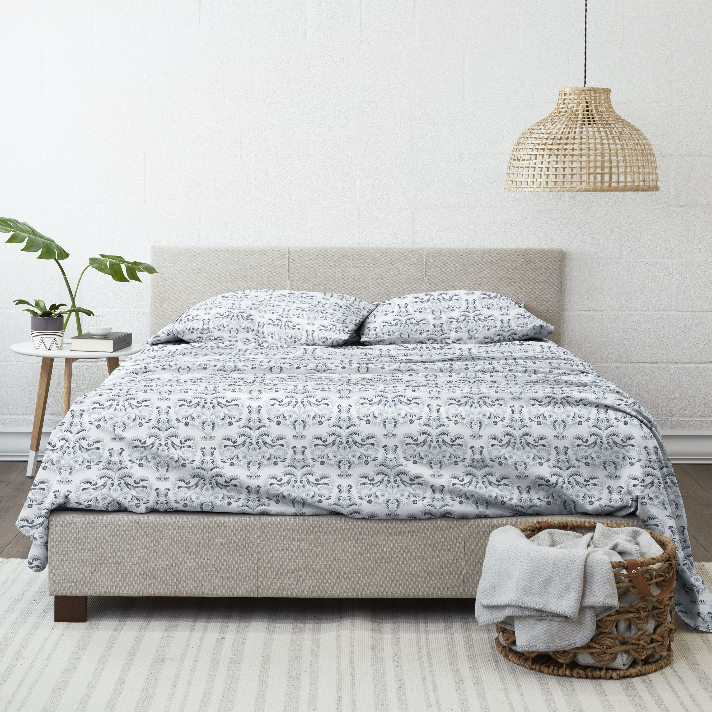 Full Gray and White Floral Microfiber Deep Pocket Sheet Set