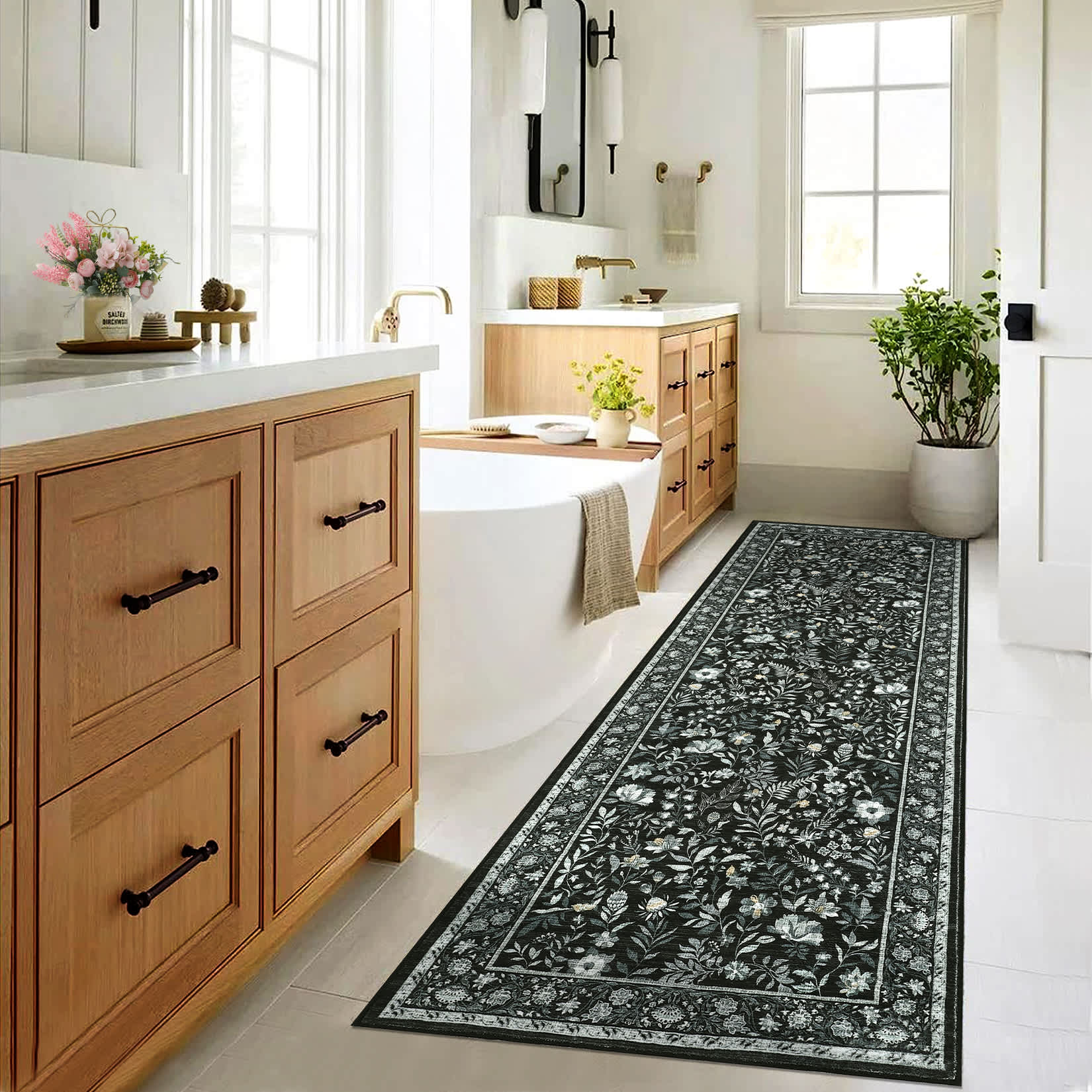 Qeetex LSN-PHK-34RLV8JX 2 x 6 ft Polyester Black Rectangular Hallway Bathroom Entryway Kitchen Office Foldable Flower Printed Modern Washable Area Rug
