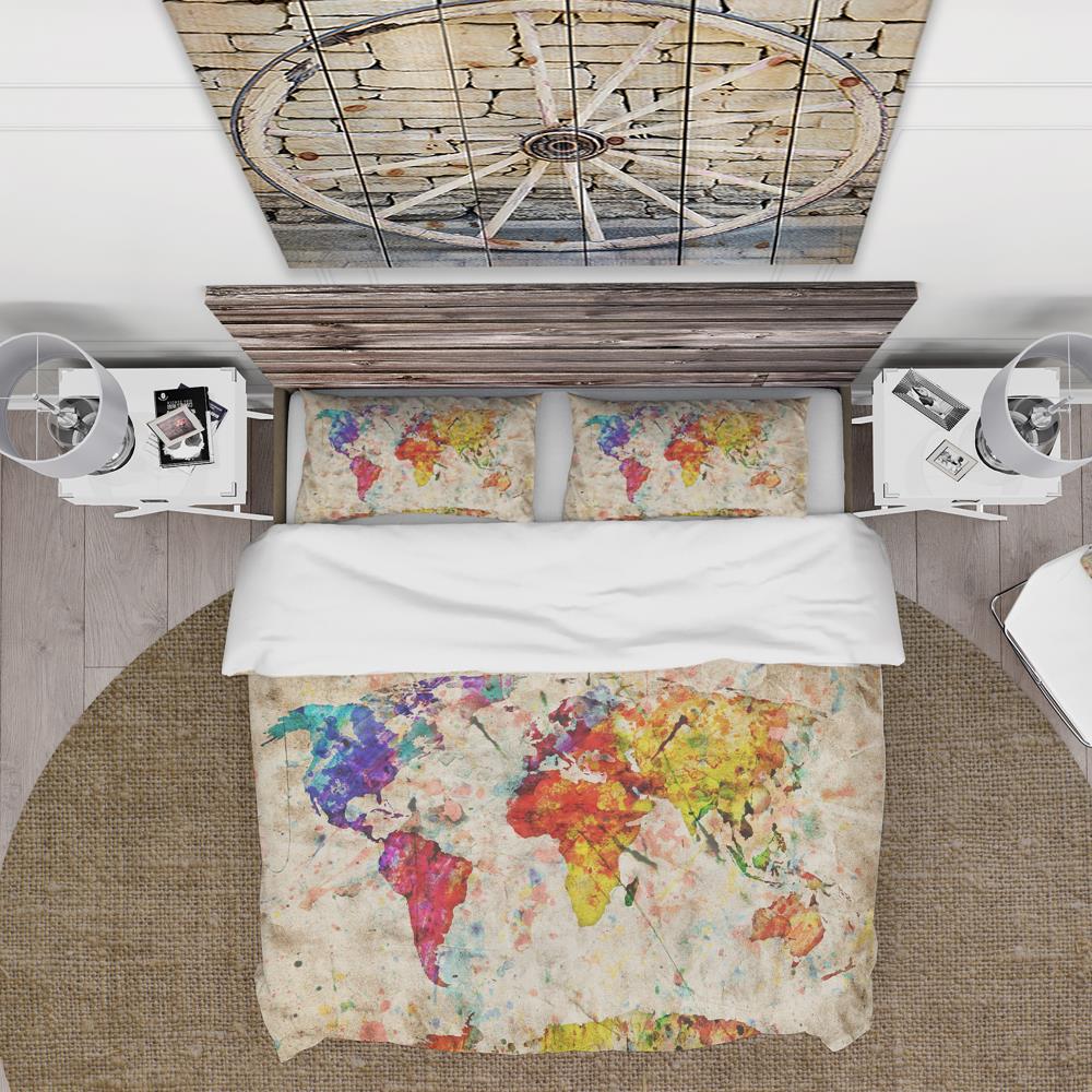 Vintage World Map Multicolor Microfiber Queen Duvet Cover Set